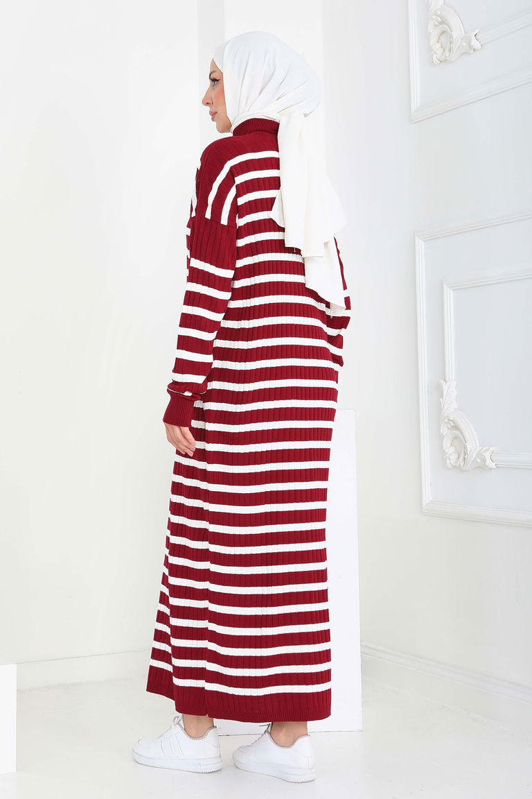Fermuarlı Çizgili Triko Elbise - 27931-BORDO - TOFİSA