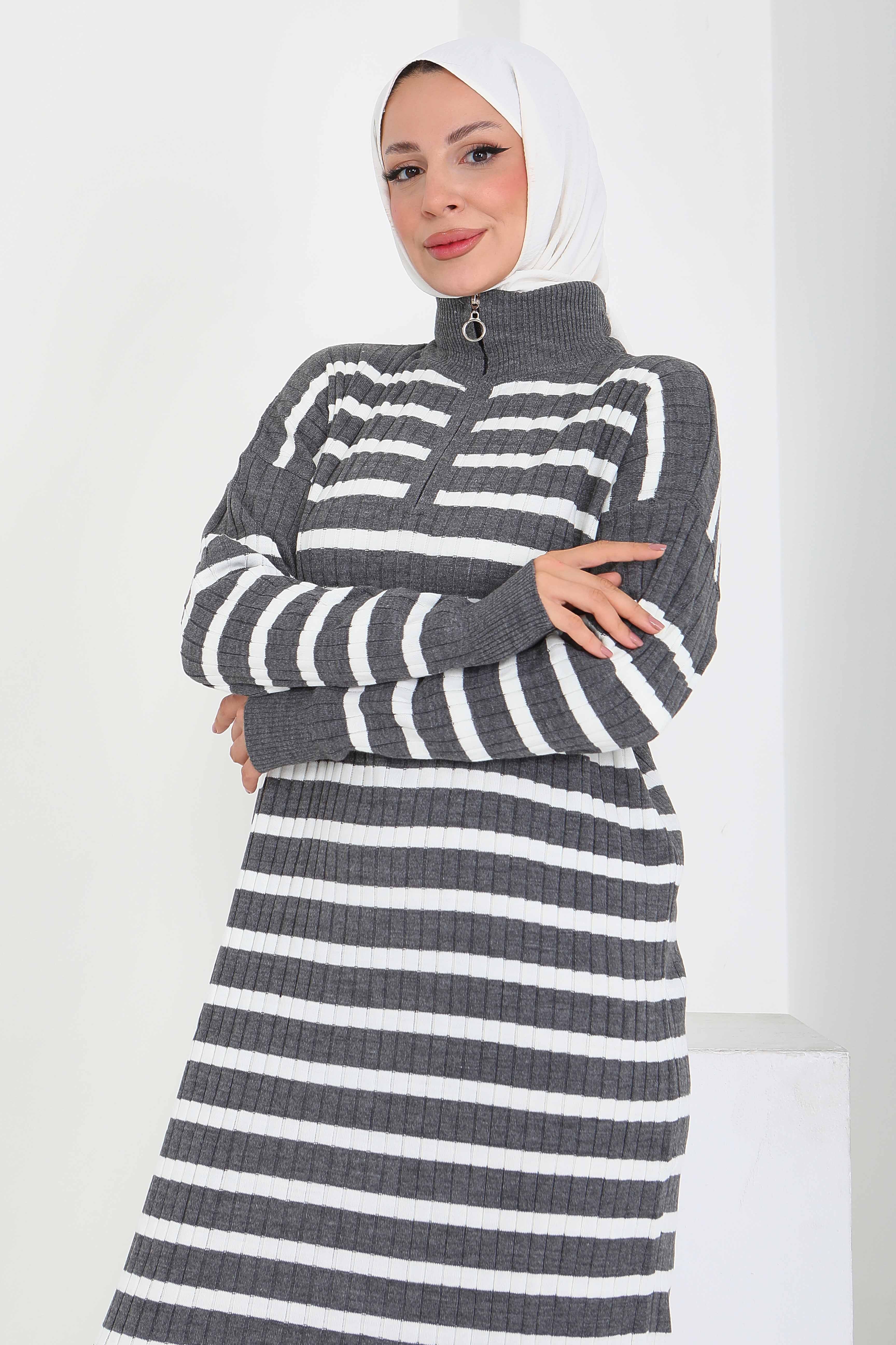 Fermuarlı Çizgili Triko Elbise - 27931-FUME - 2