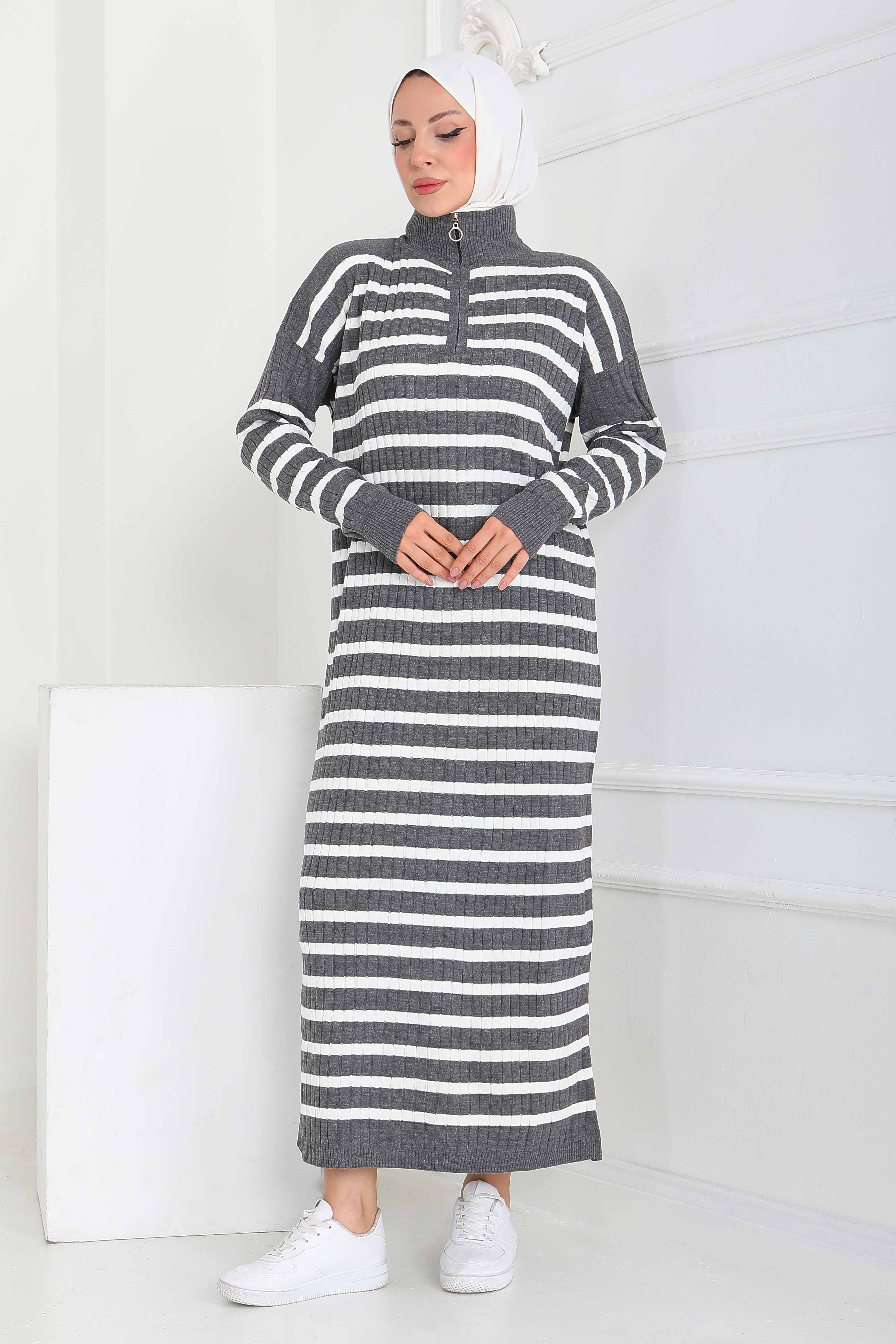 Fermuarlı Çizgili Triko Elbise - 27931-FUME - 3