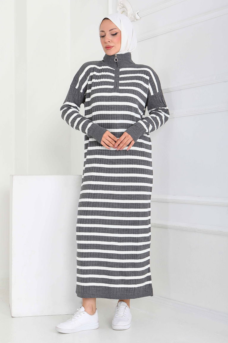 Fermuarlı Çizgili Triko Elbise - 27931-FUME - TOFİSA
