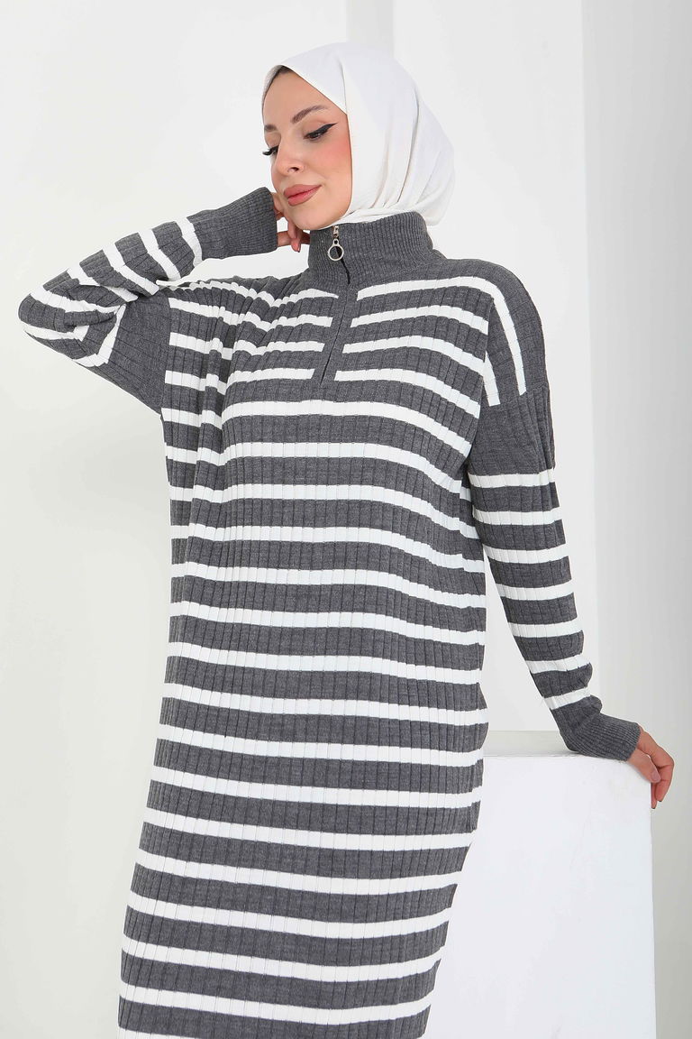 Fermuarlı Çizgili Triko Elbise - 27931-FUME - TOFİSA