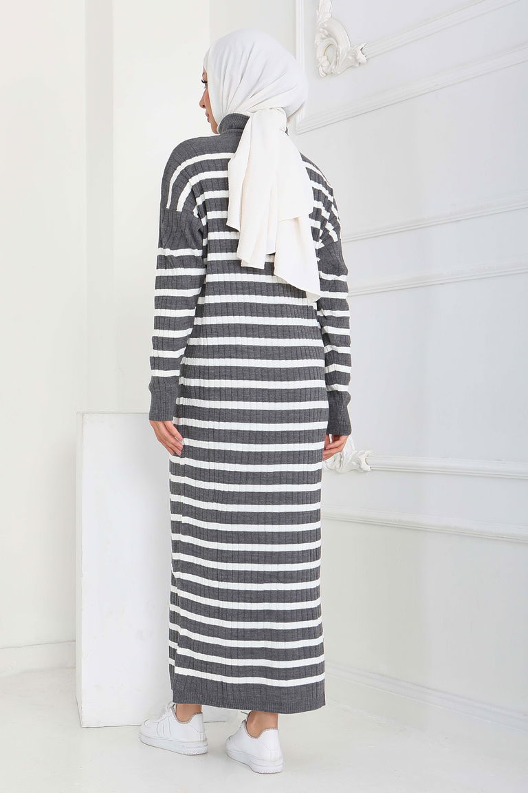 Fermuarlı Çizgili Triko Elbise - 27931-FUME - TOFİSA