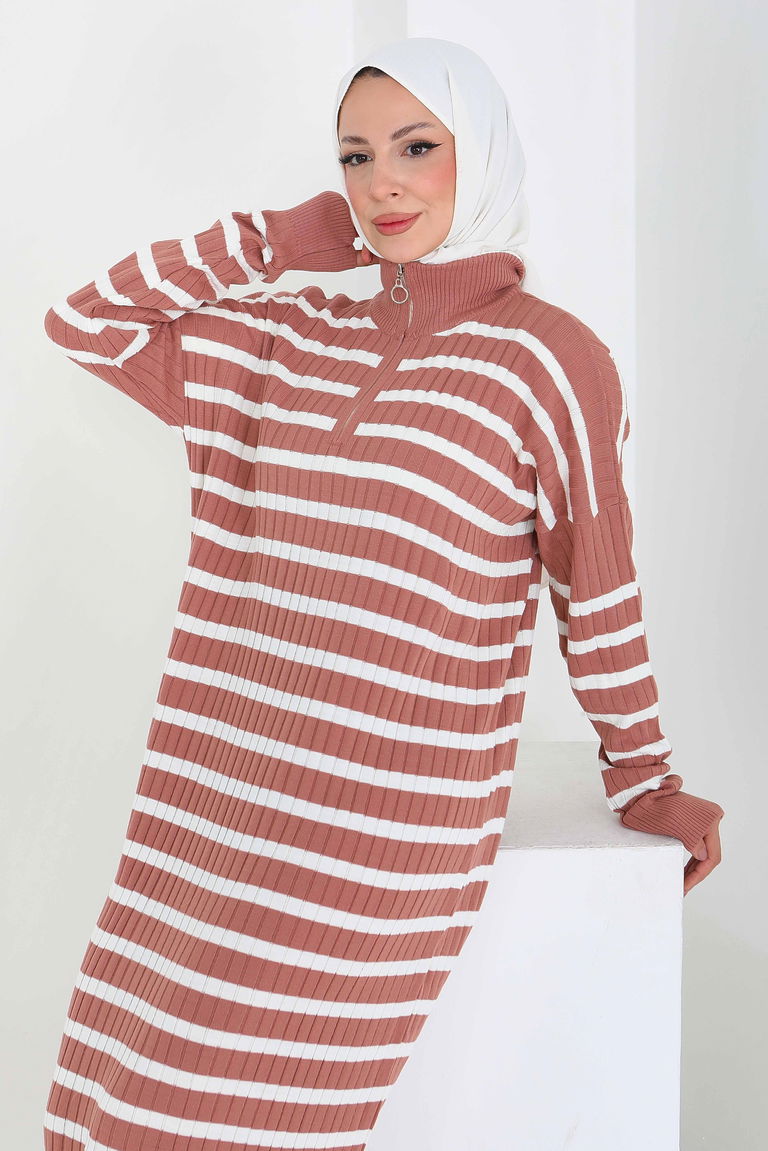 Fermuarlı Çizgili Triko Elbise - 27931-GUL-KURUSU - TOFİSA
