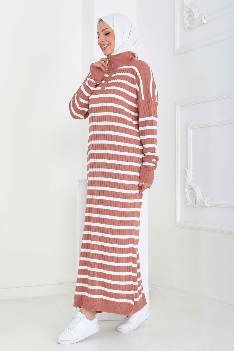Fermuarlı Çizgili Triko Elbise - 27931-GUL-KURUSU - TOFİSA