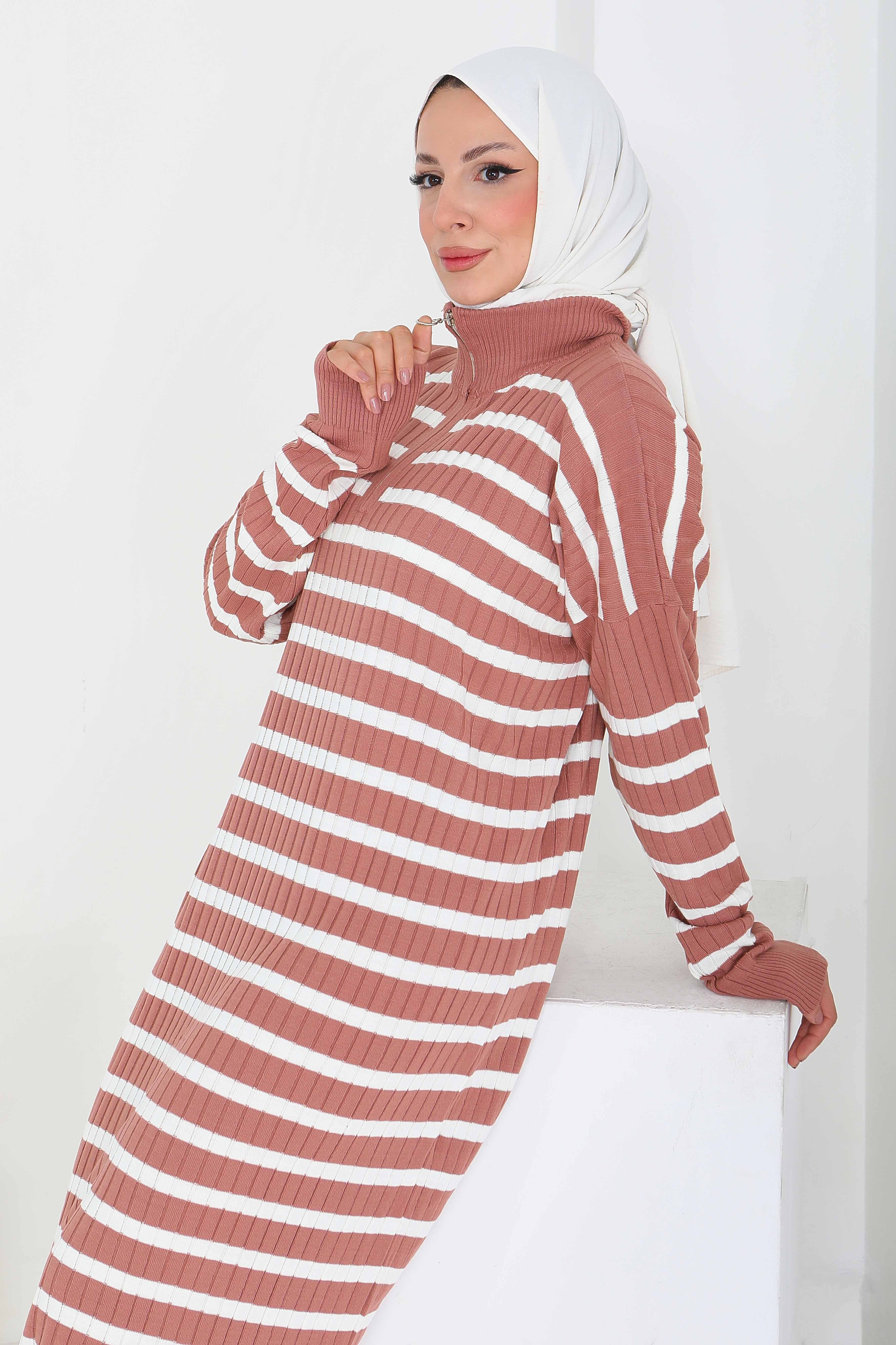 Fermuarlı Çizgili Triko Elbise - 27931-GUL-KURUSU - 4
