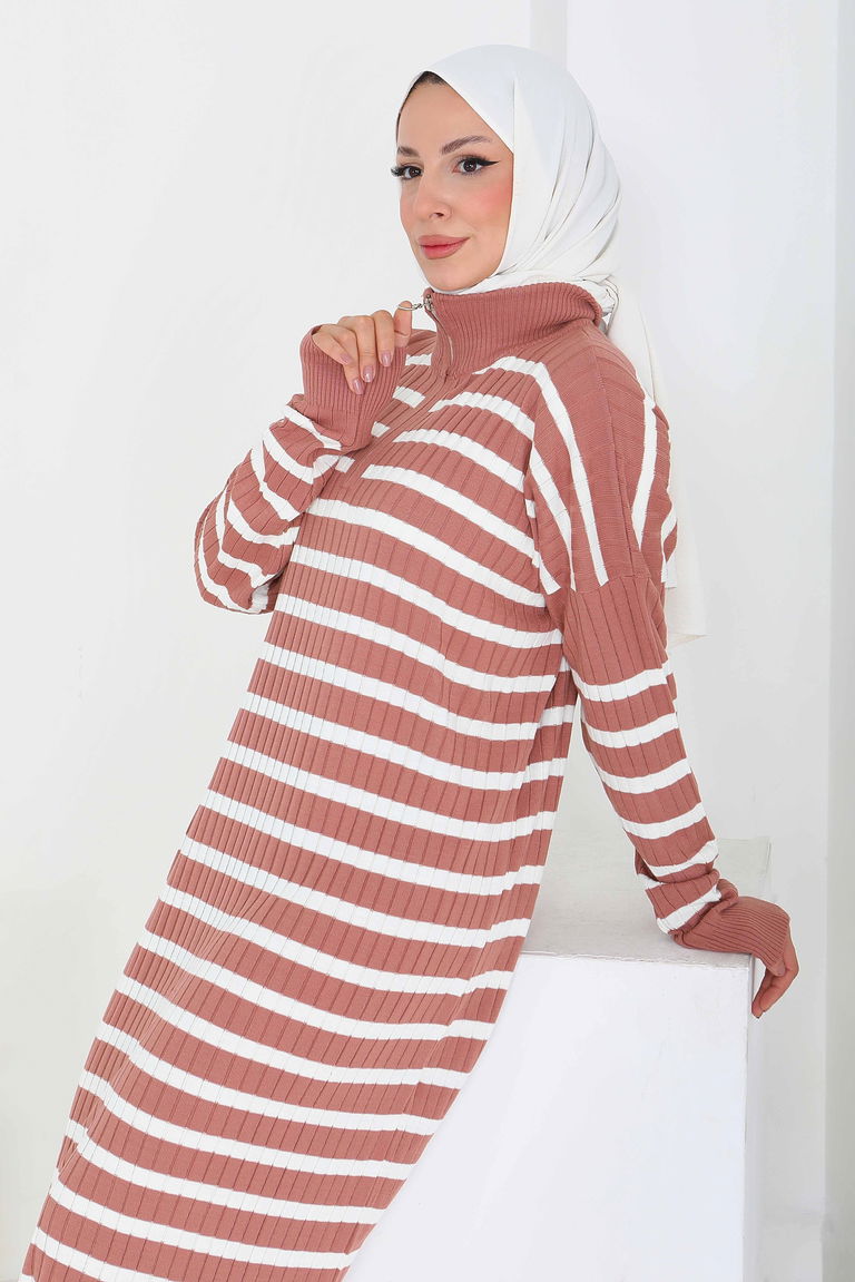 Fermuarlı Çizgili Triko Elbise - 27931-GUL-KURUSU - TOFİSA