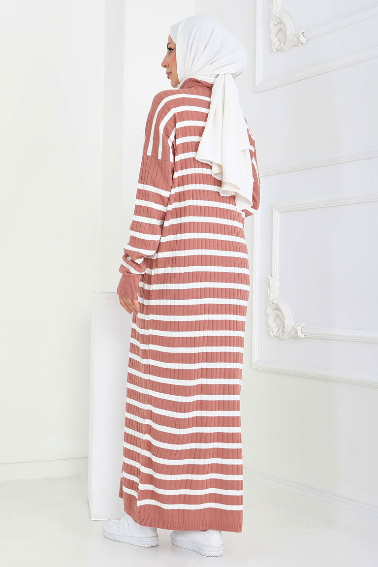 Fermuarlı Çizgili Triko Elbise - 27931-GUL-KURUSU - TOFİSA