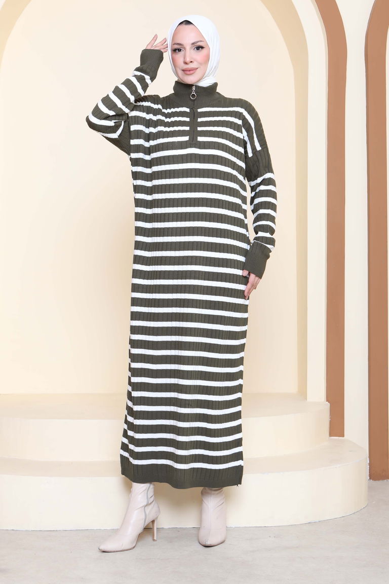 Fermuarlı Çizgili Triko Elbise - 27931-HAKI - TOFİSA
