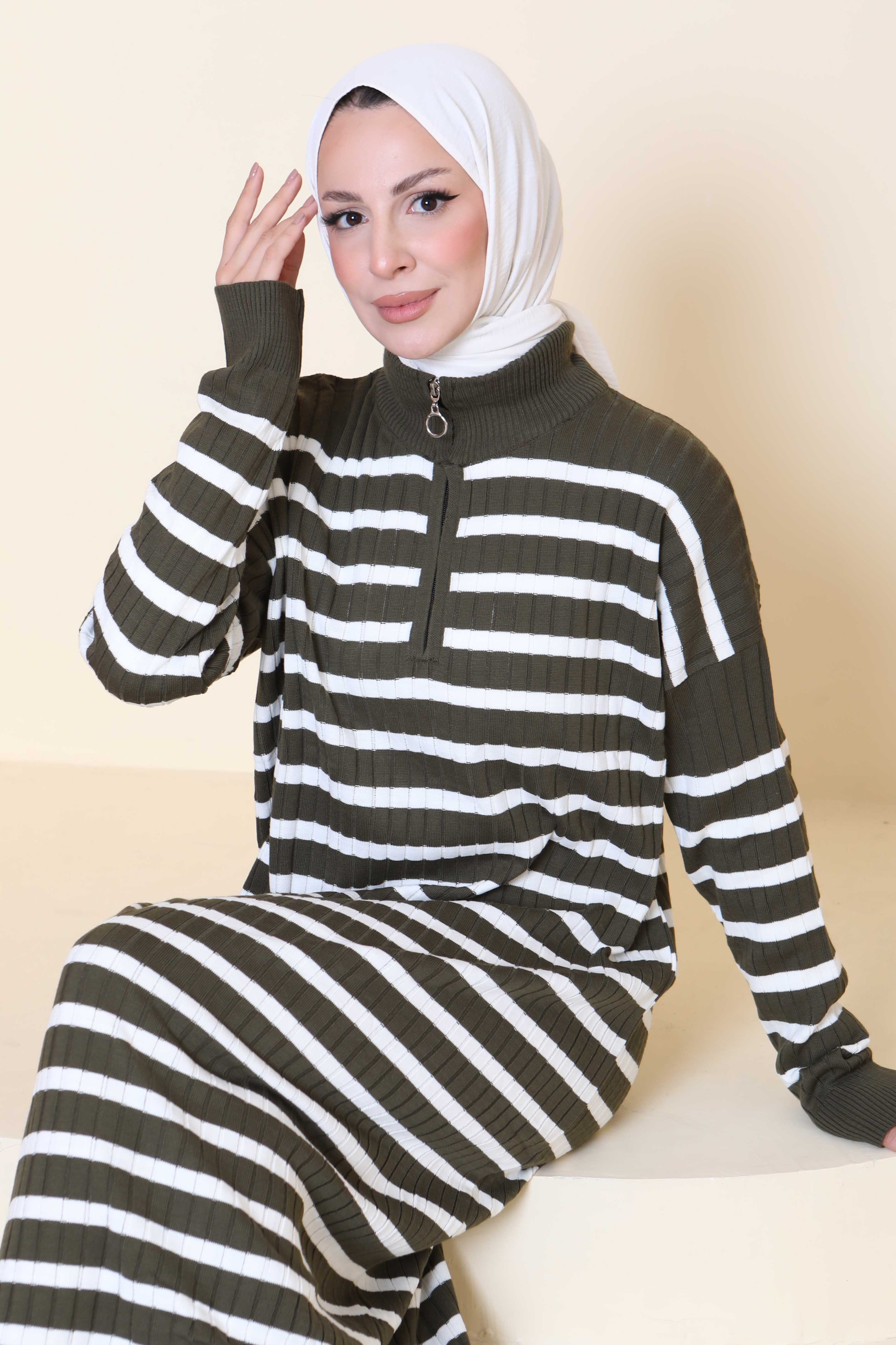 Fermuarlı Çizgili Triko Elbise - 27931-HAKI - 2