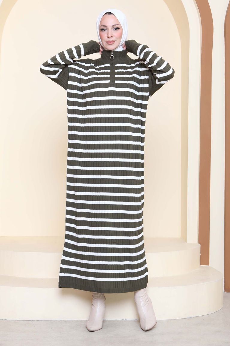 Fermuarlı Çizgili Triko Elbise - 27931-HAKI - TOFİSA
