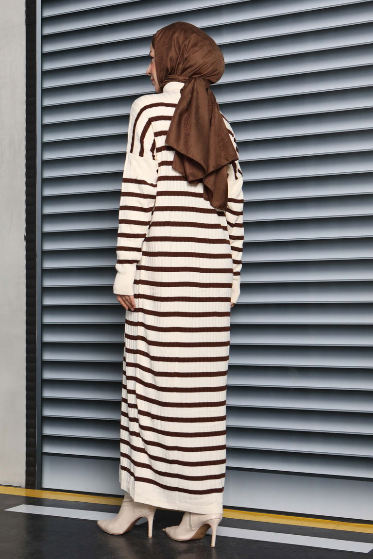 Fermuarlı Çizgili Triko Elbise - 27931-KREM - TOFİSA