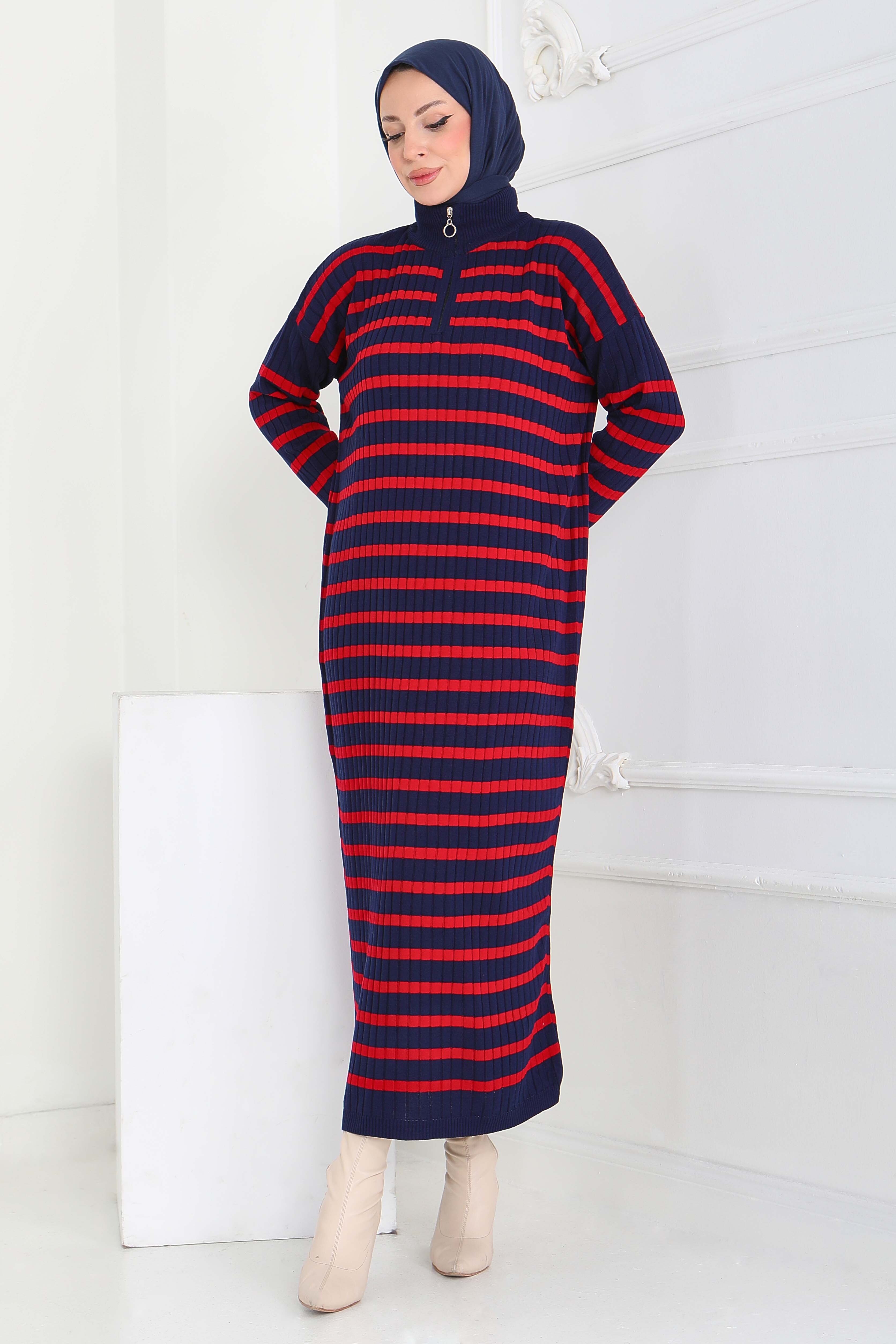 Fermuarlı Çizgili Triko Elbise - 27931-LACIVERT - 2