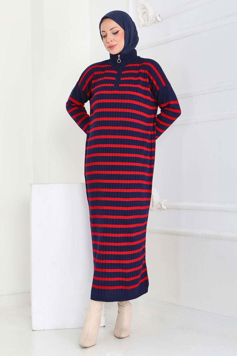 Fermuarlı Çizgili Triko Elbise - 27931-LACIVERT - TOFİSA