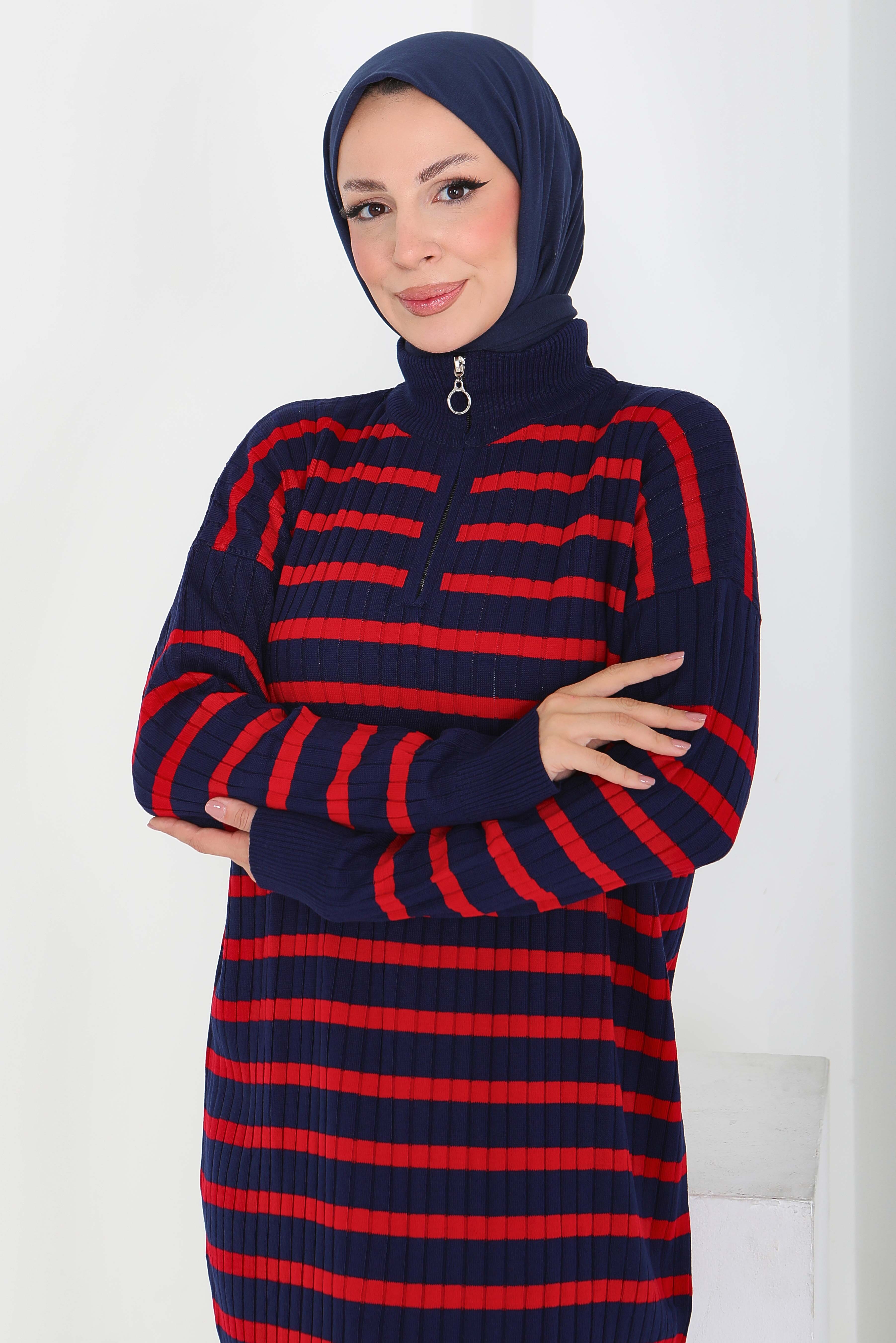 Fermuarlı Çizgili Triko Elbise - 27931-LACIVERT - 3