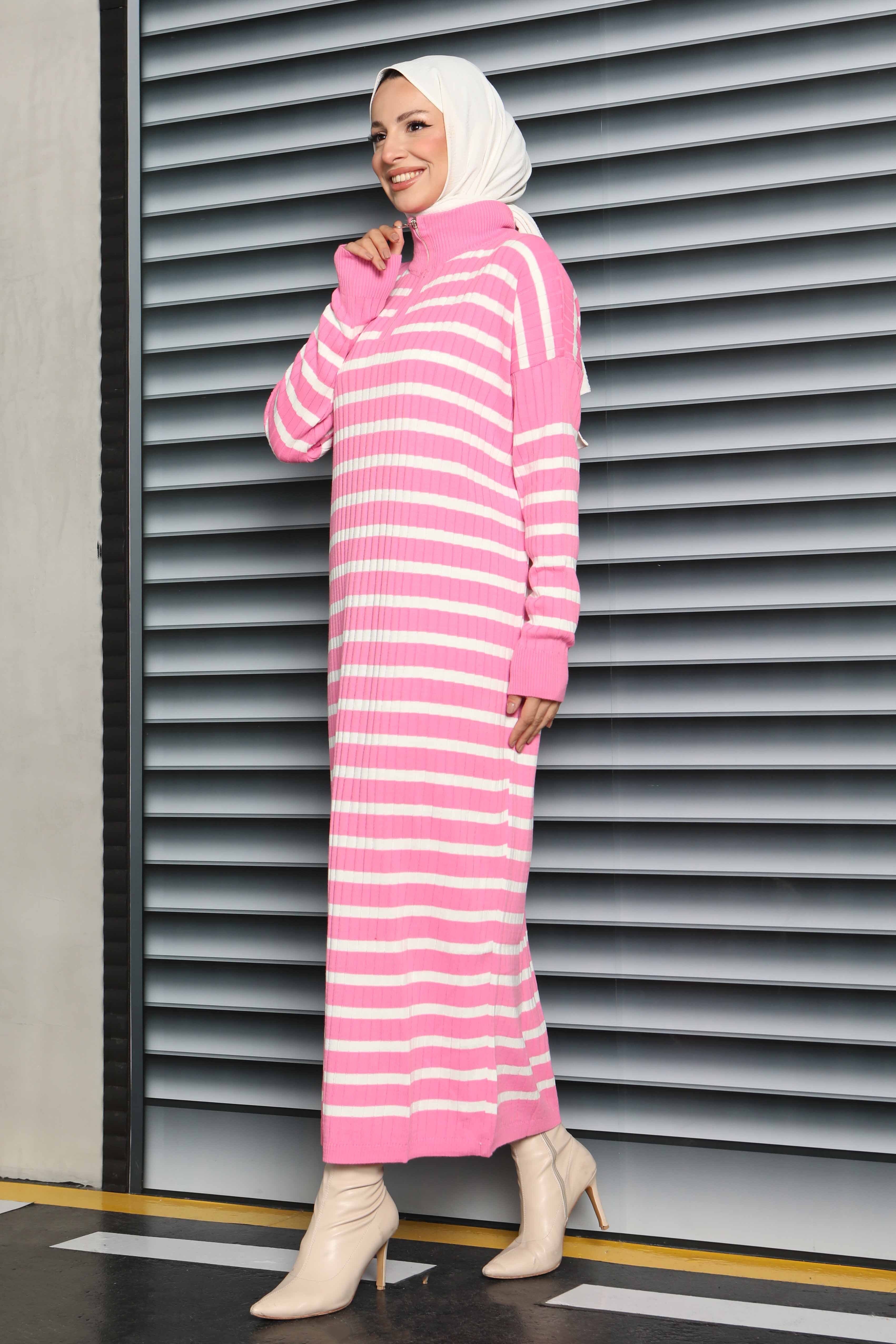 Fermuarlı Çizgili Triko Elbise - 27931-PEMBE - 1