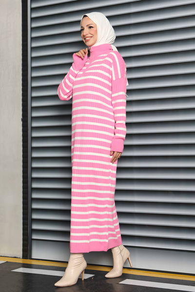 Fermuarlı Çizgili Triko Elbise - 27931-PEMBE 