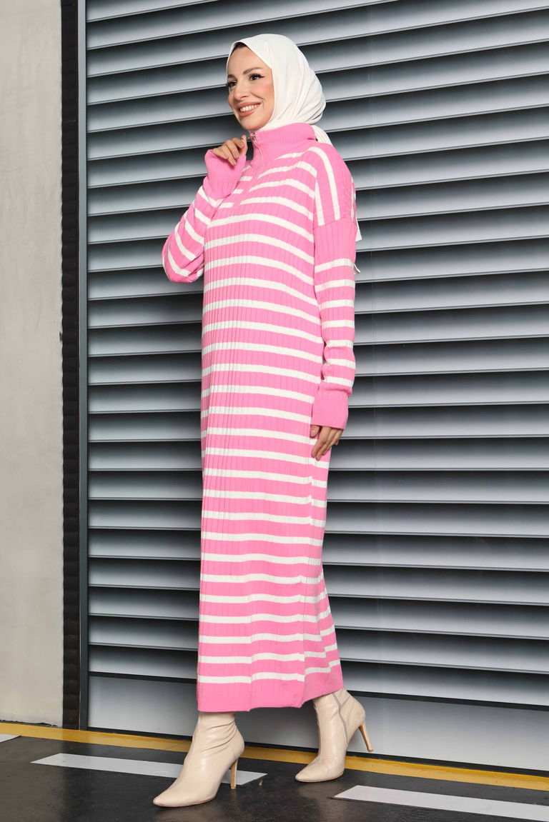 Fermuarlı Çizgili Triko Elbise - 27931-PEMBE - TOFİSA