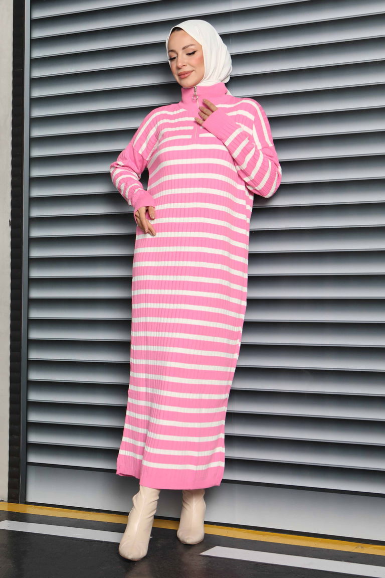 Fermuarlı Çizgili Triko Elbise - 27931-PEMBE - TOFİSA