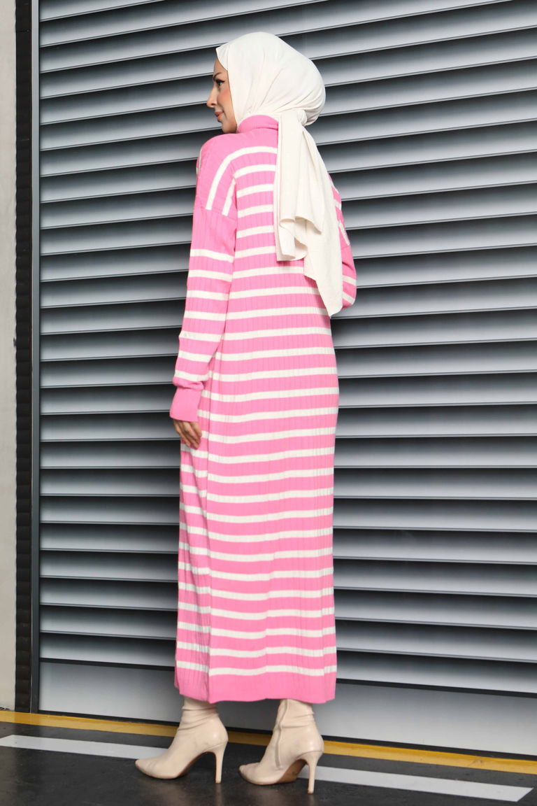 Fermuarlı Çizgili Triko Elbise - 27931-PEMBE - TOFİSA