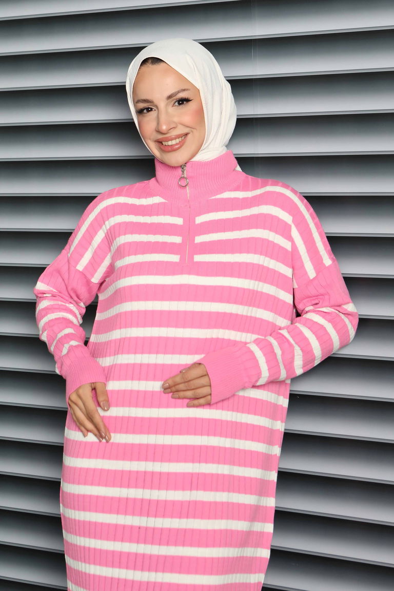 Fermuarlı Çizgili Triko Elbise - 27931-PEMBE - TOFİSA
