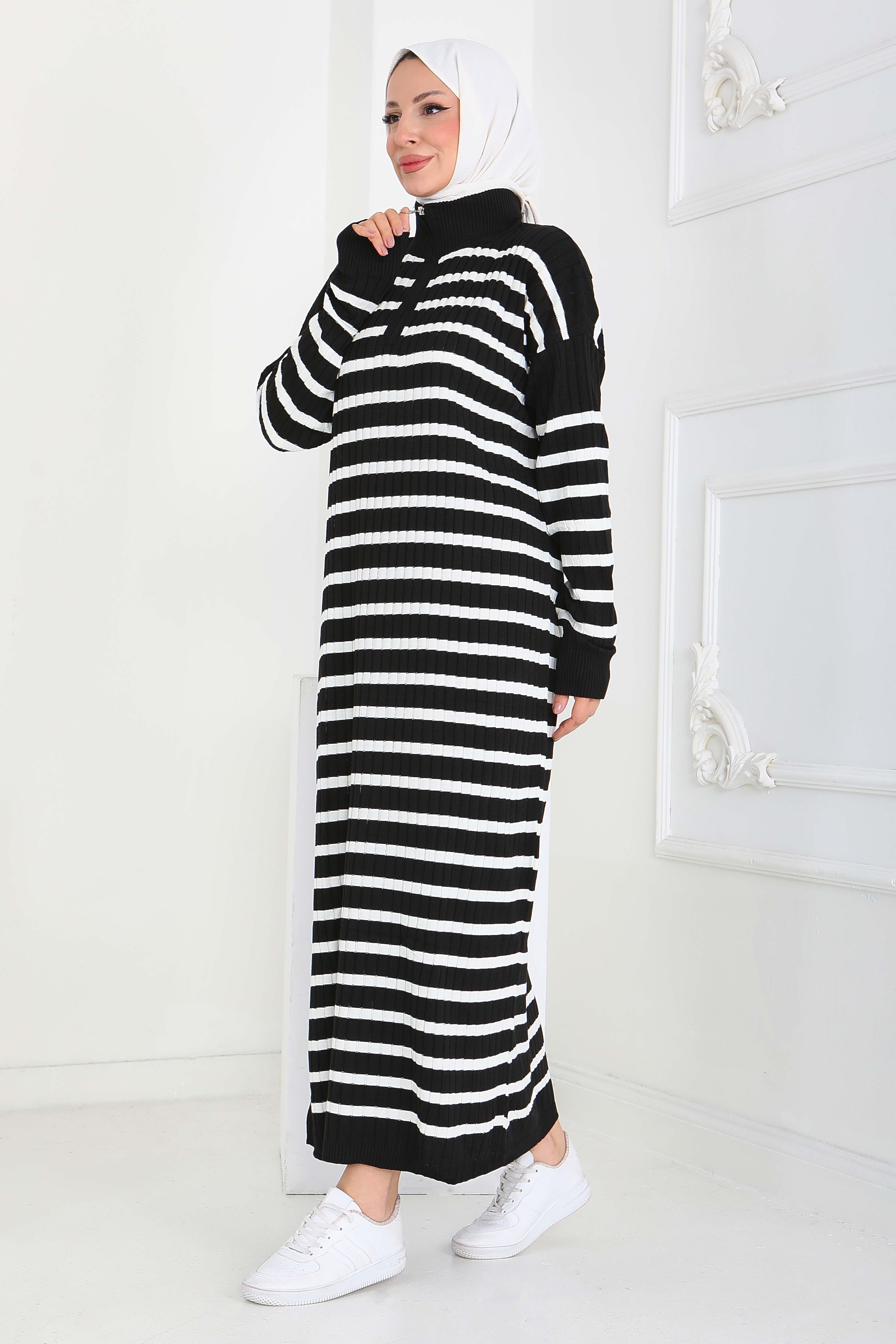 Fermuarlı Çizgili Triko Elbise - 27931-SIYAH - 1