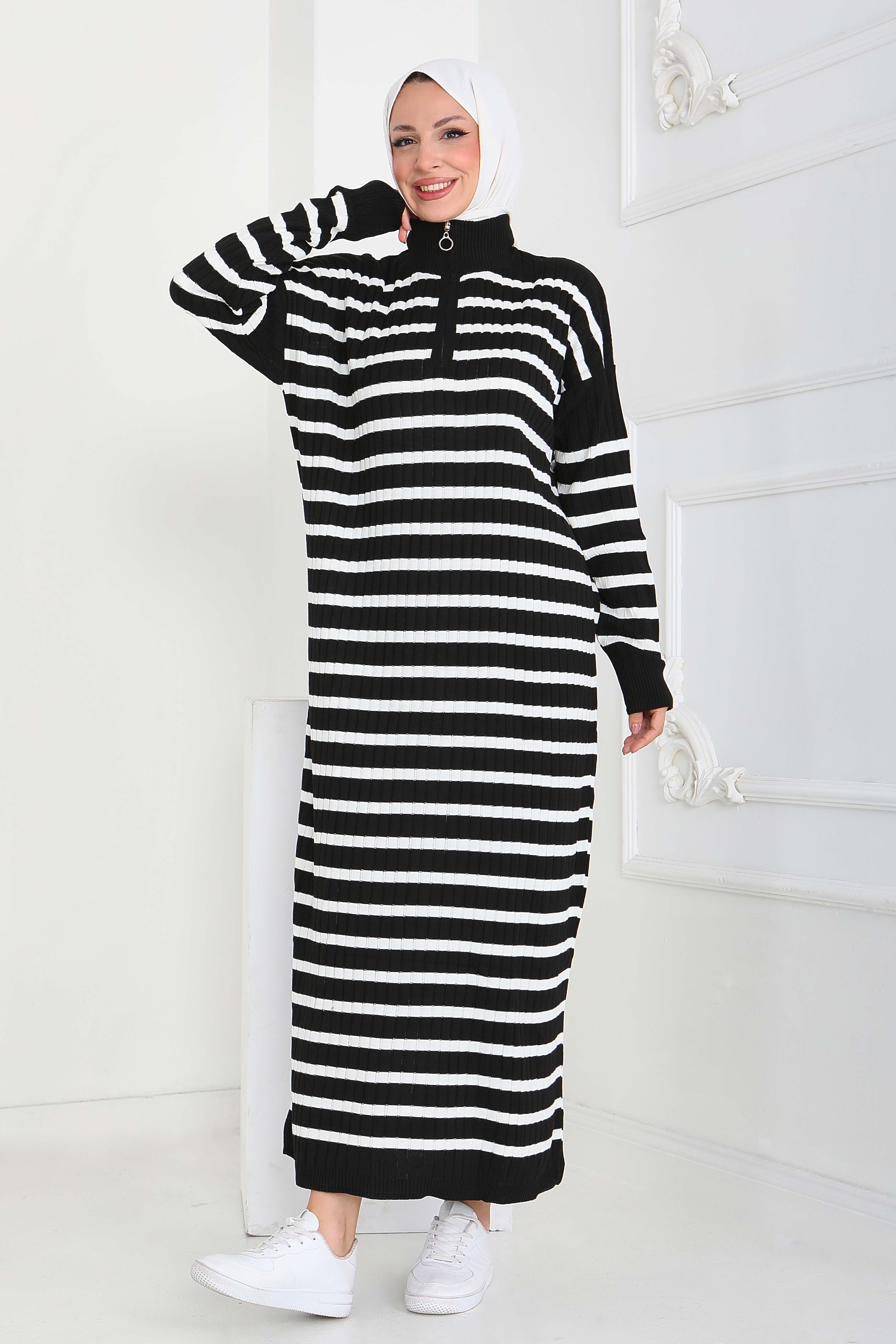 Fermuarlı Çizgili Triko Elbise - 27931-SIYAH - 3