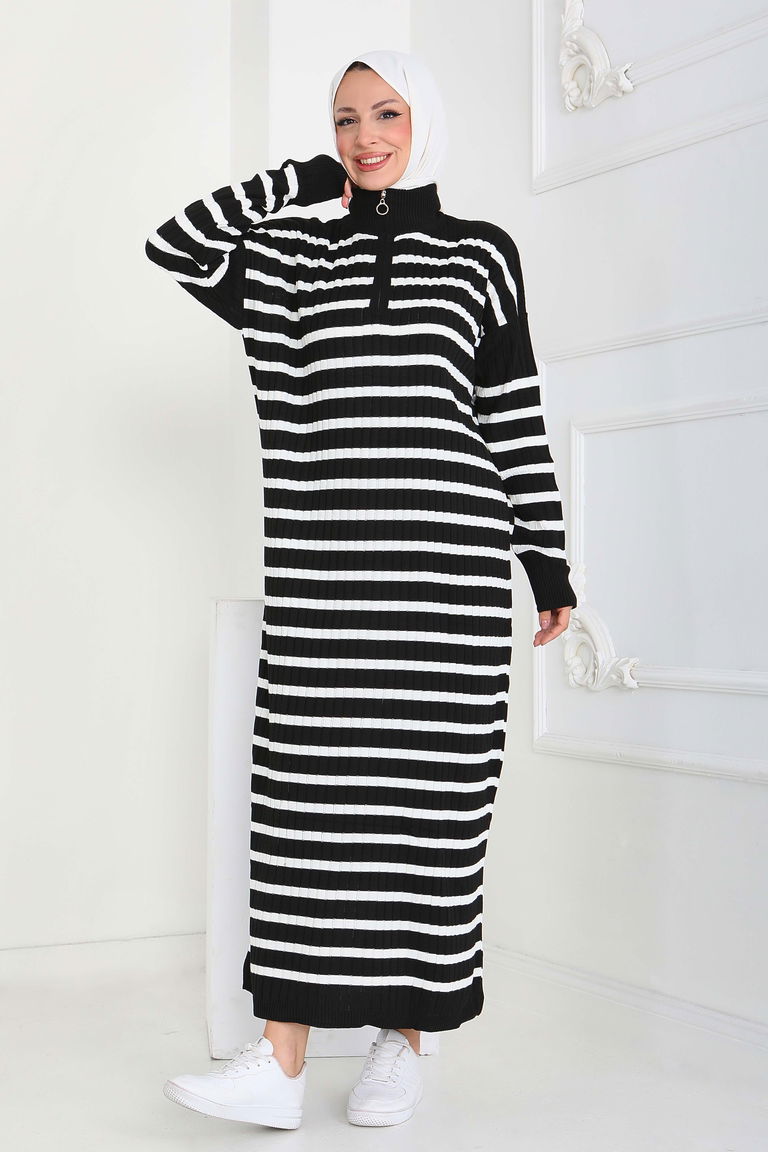 Fermuarlı Çizgili Triko Elbise - 27931-SIYAH - TOFİSA