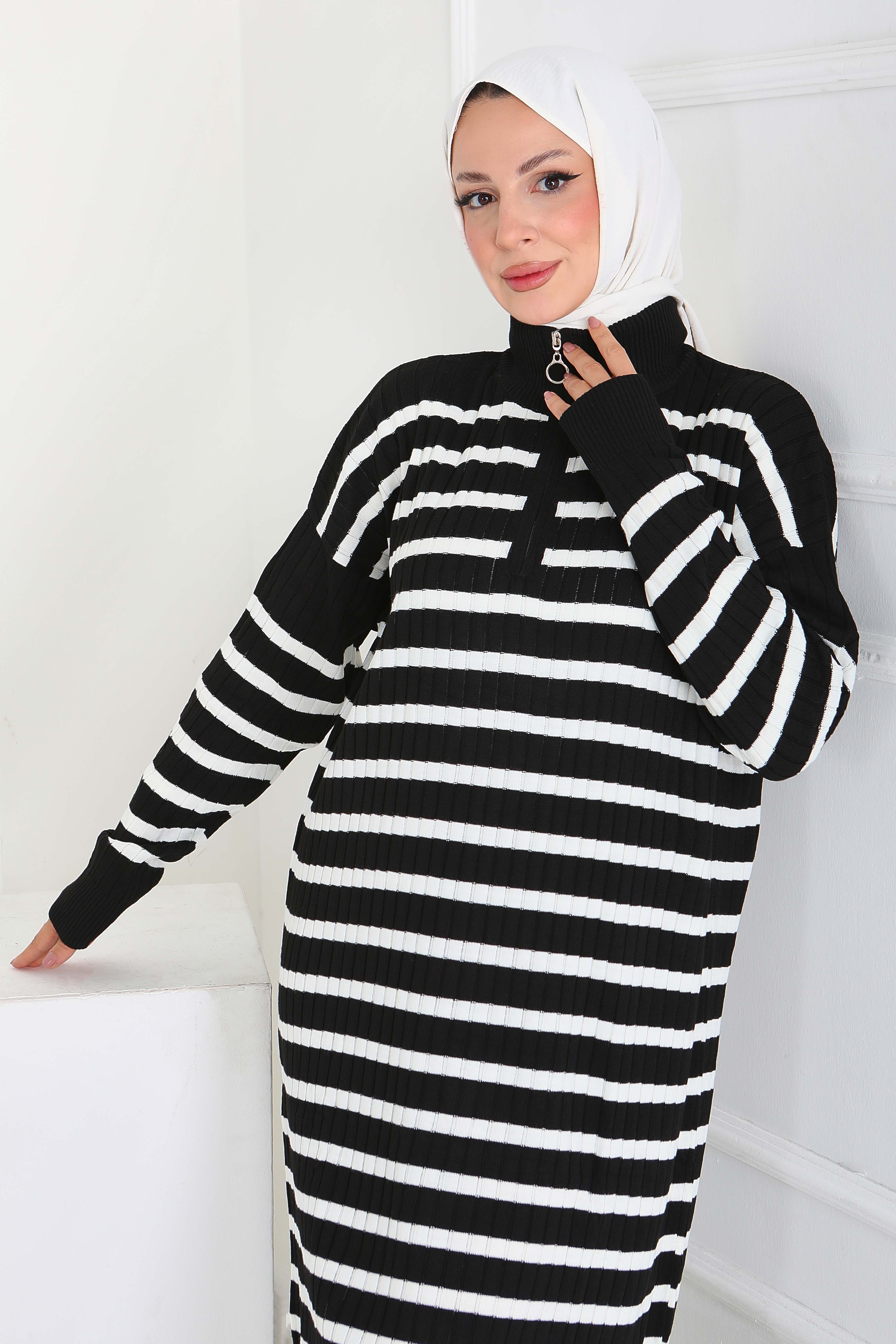 Fermuarlı Çizgili Triko Elbise - 27931-SIYAH - 4