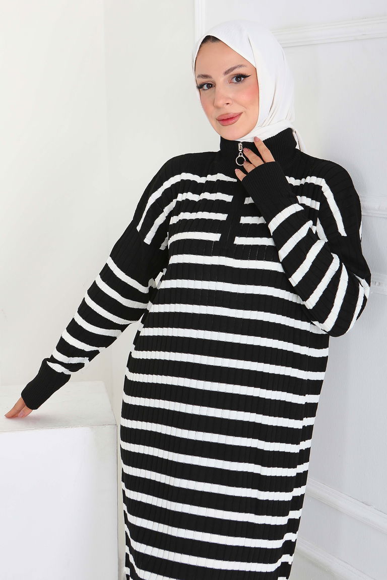 Fermuarlı Çizgili Triko Elbise - 27931-SIYAH - TOFİSA