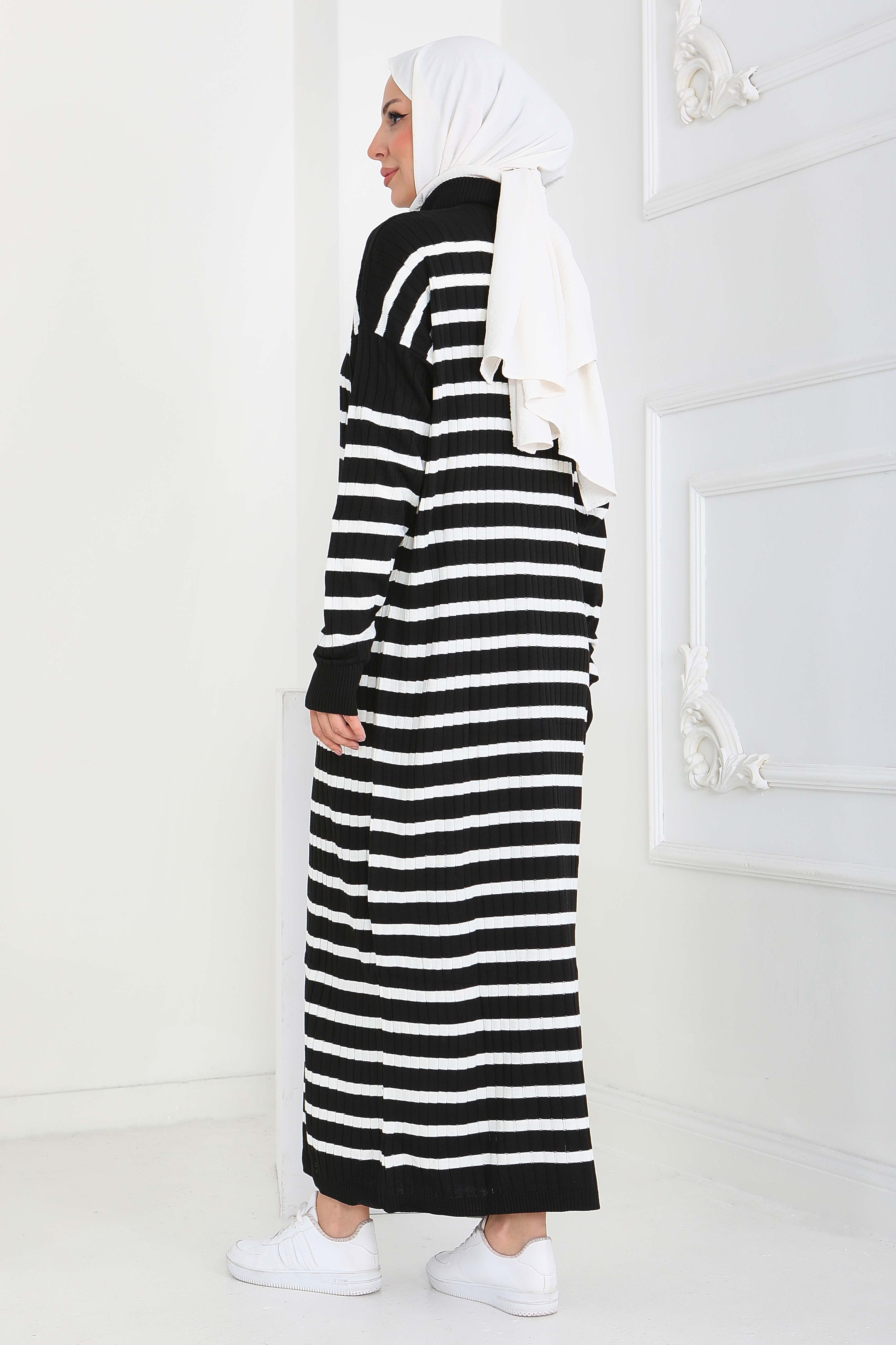 Fermuarlı Çizgili Triko Elbise - 27931-SIYAH - 5