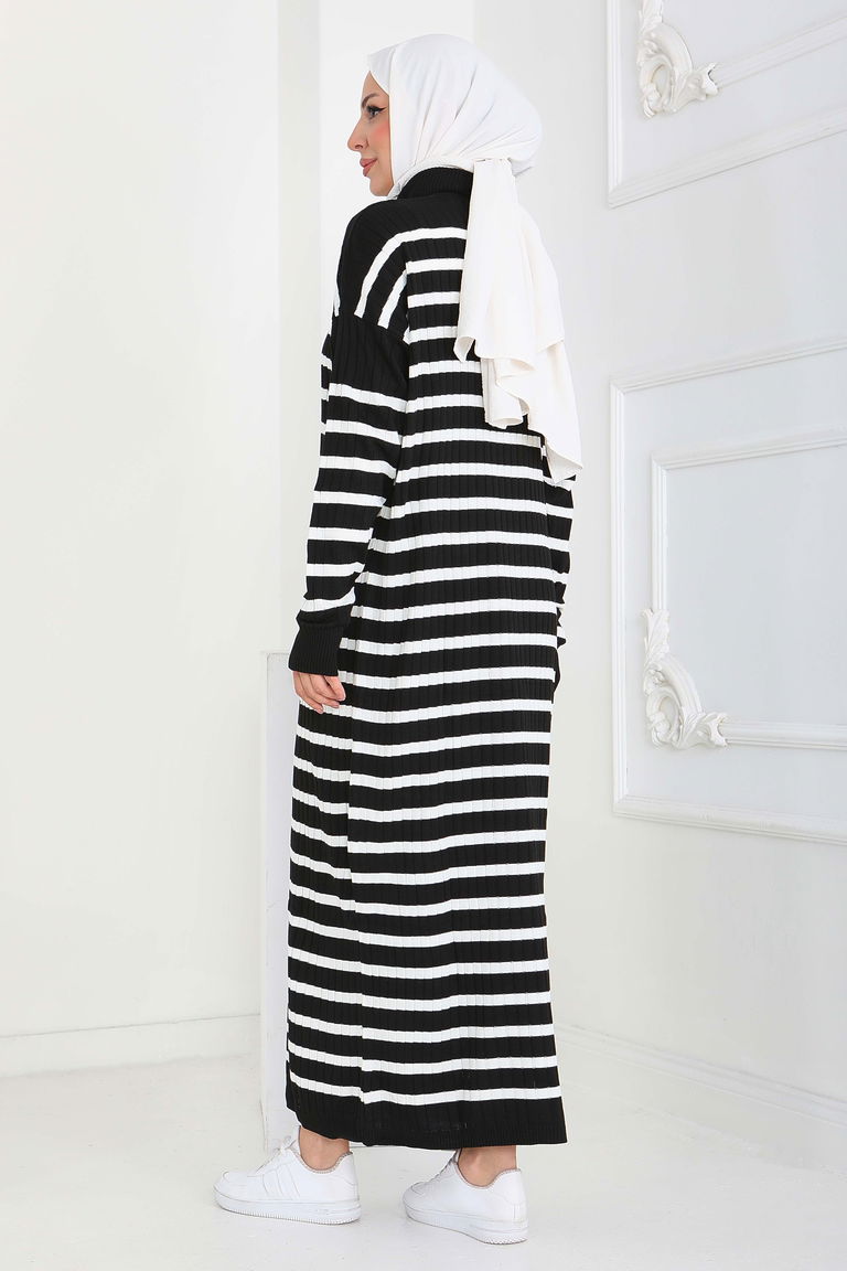 Fermuarlı Çizgili Triko Elbise - 27931-SIYAH - TOFİSA