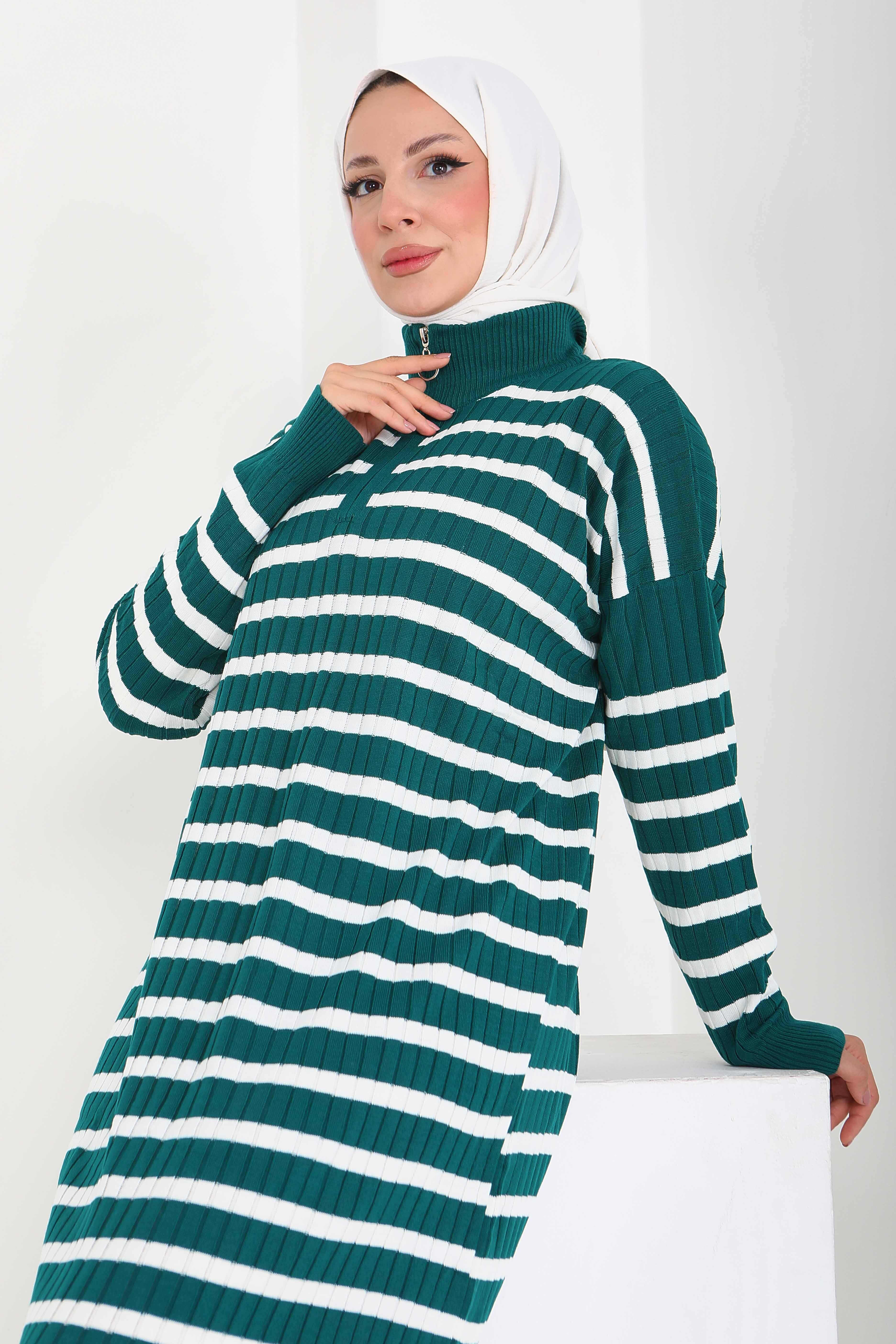 Fermuarlı Çizgili Triko Elbise - 27931-ZUMRUT - 2