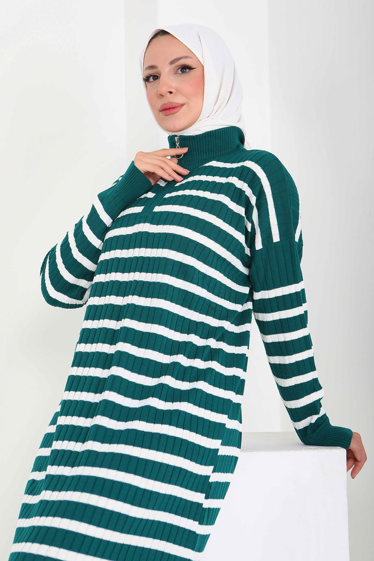 Fermuarlı Çizgili Triko Elbise - 27931-ZUMRUT - TOFİSA