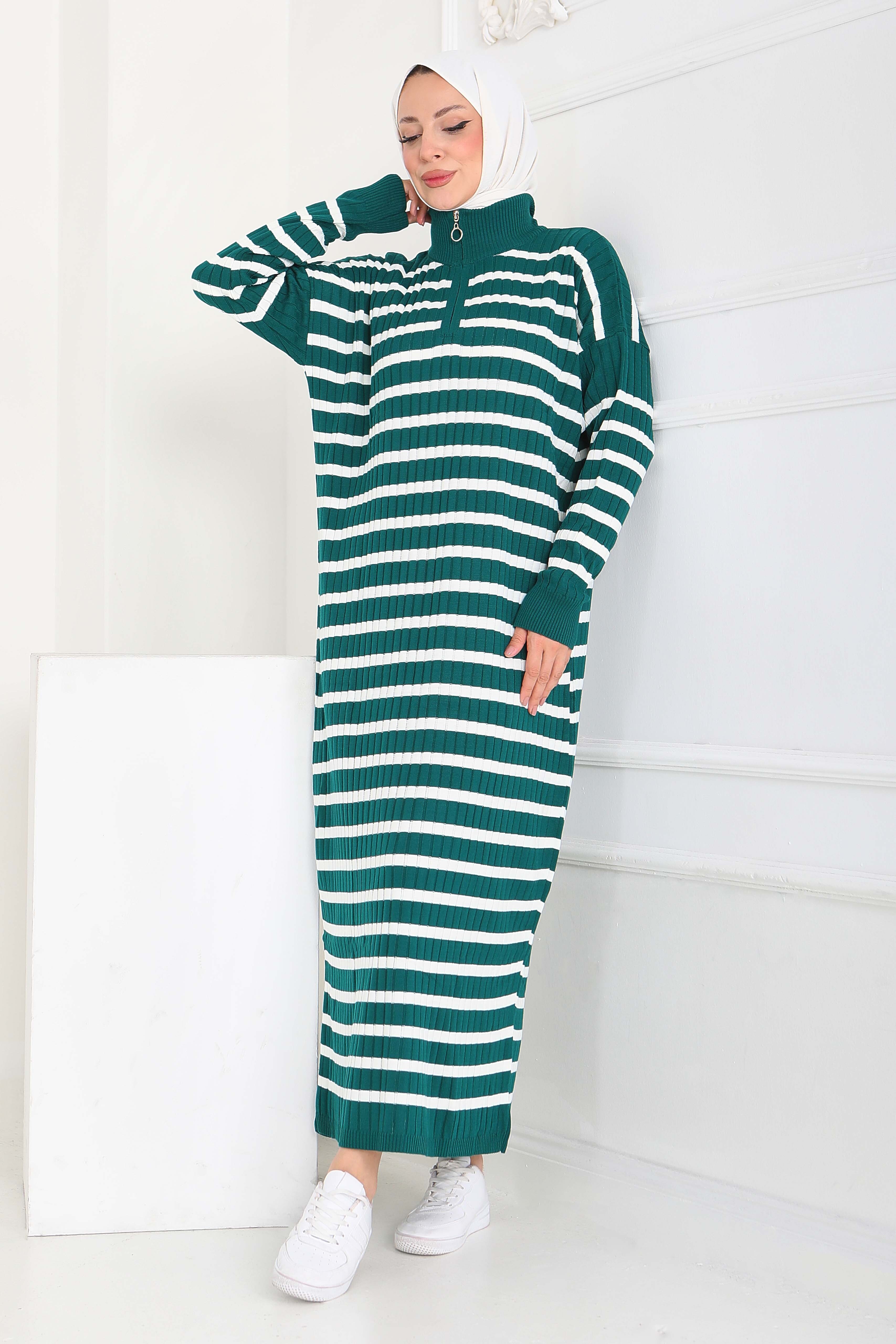 Fermuarlı Çizgili Triko Elbise - 27931-ZUMRUT - 3