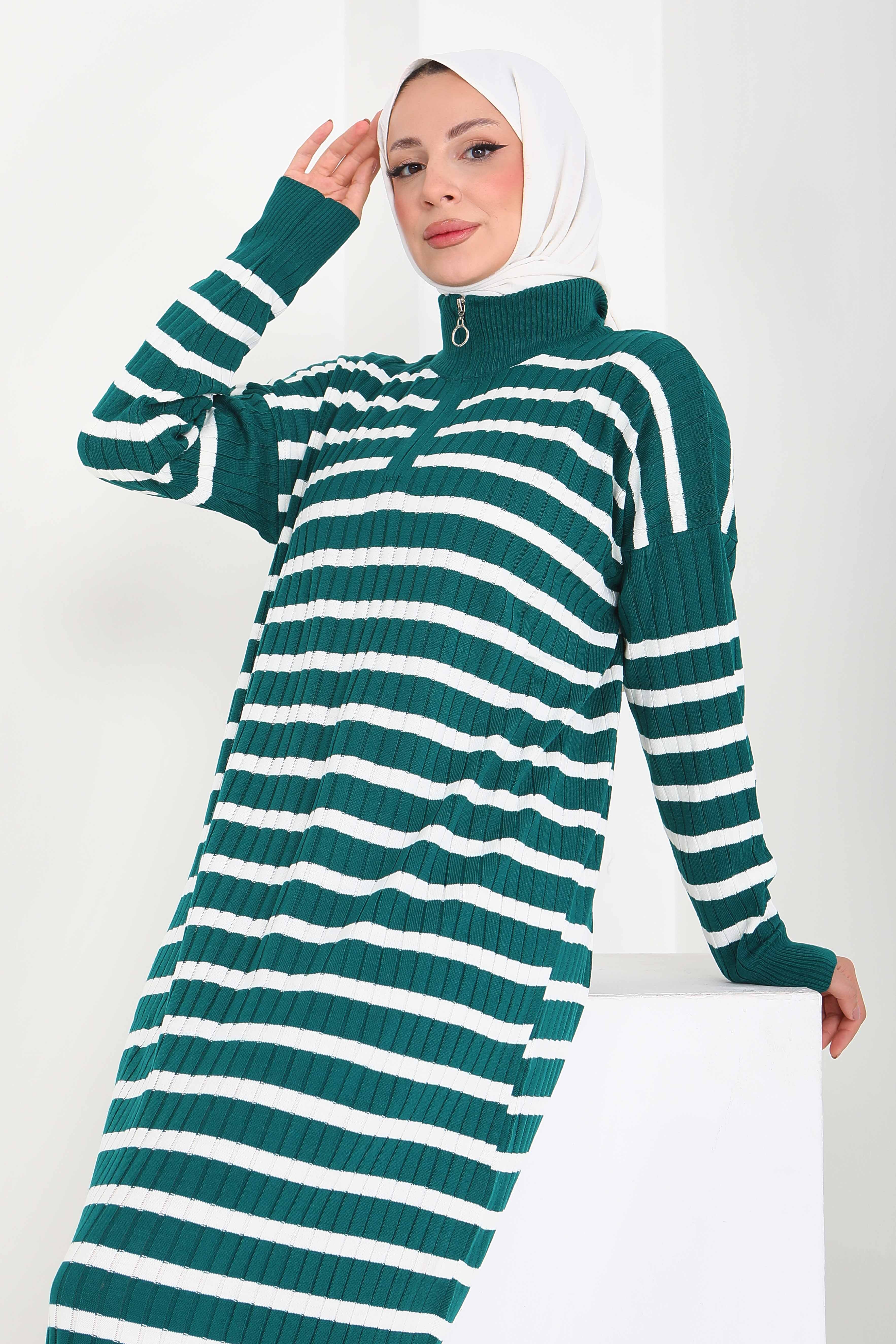 Fermuarlı Çizgili Triko Elbise - 27931-ZUMRUT - 4