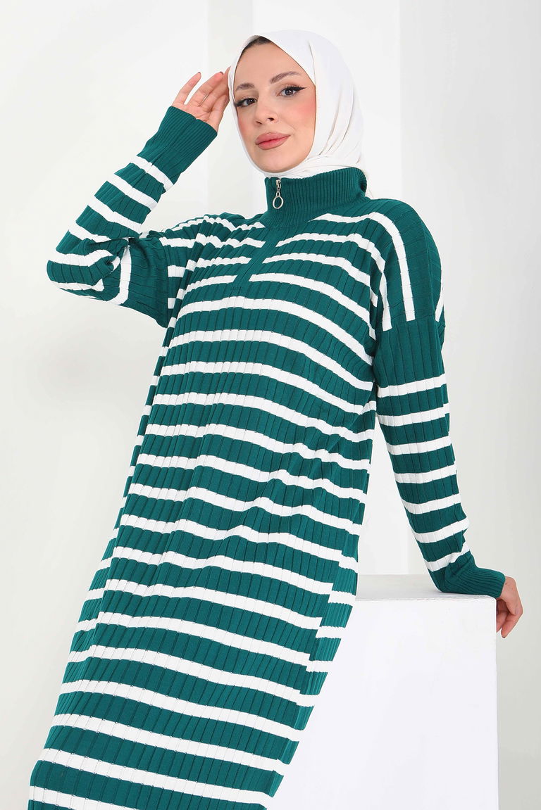 Fermuarlı Çizgili Triko Elbise - 27931-ZUMRUT - TOFİSA