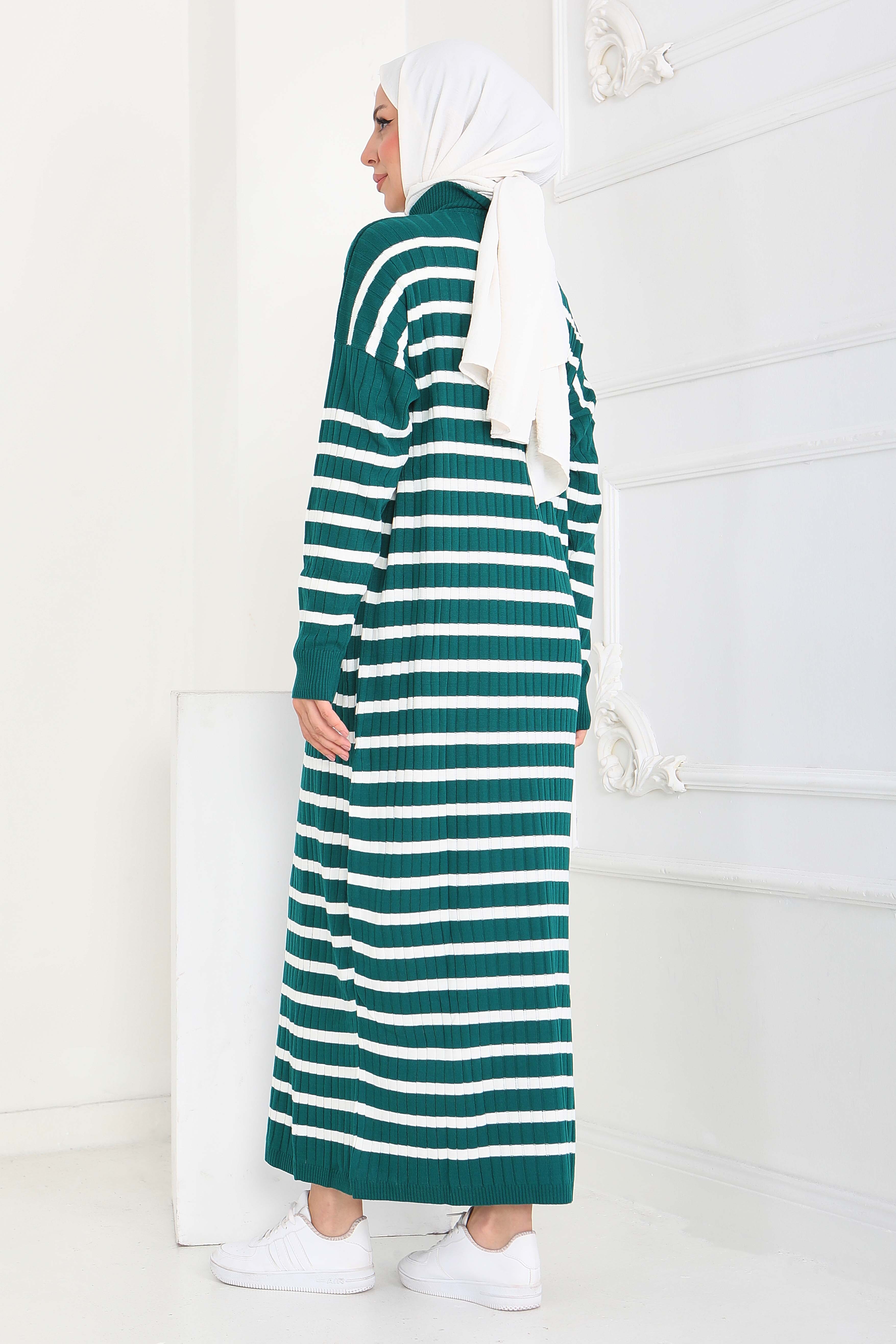 Fermuarlı Çizgili Triko Elbise - 27931-ZUMRUT - 5