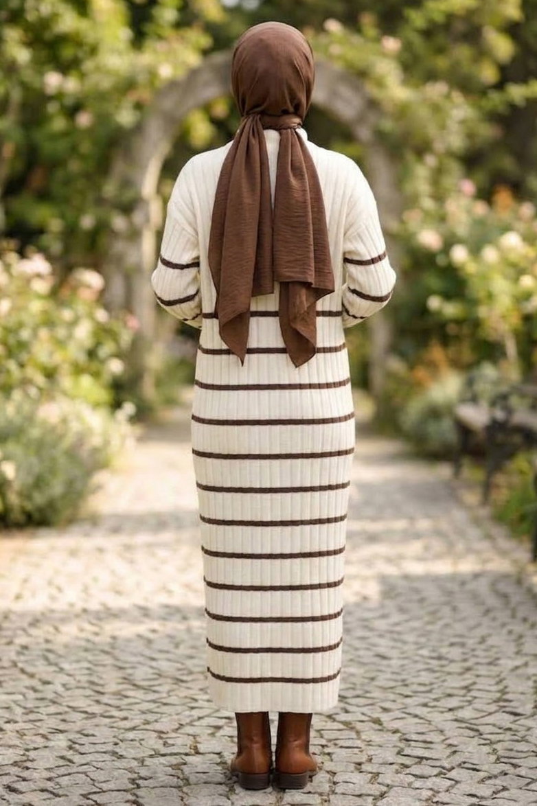Fermuarlı Çizgili Triko Elbise Kahve - 28909-KAHVE - 4