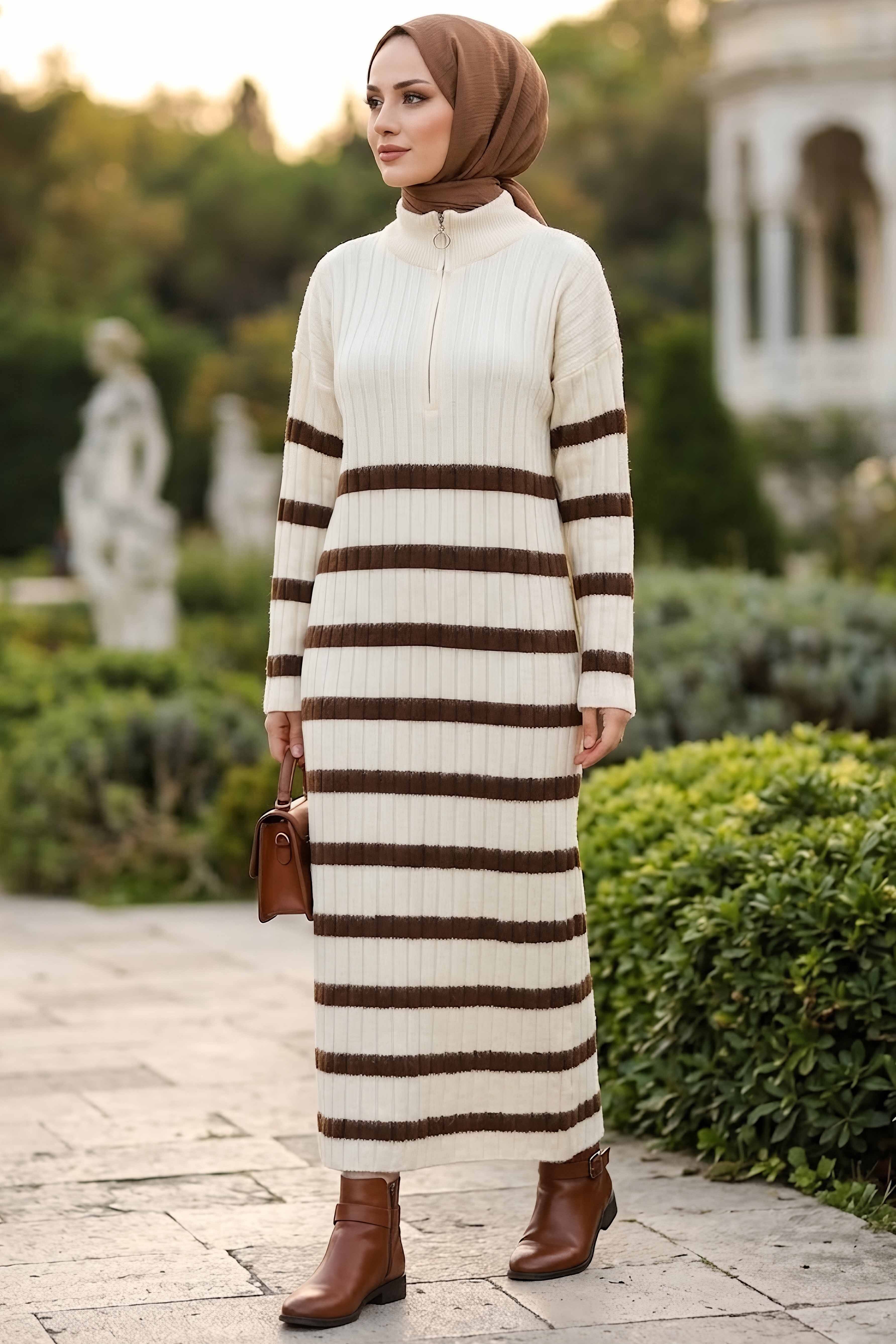 Fermuarlı Çizgili Triko Elbise Kahve - 28910-KAHVE - 2