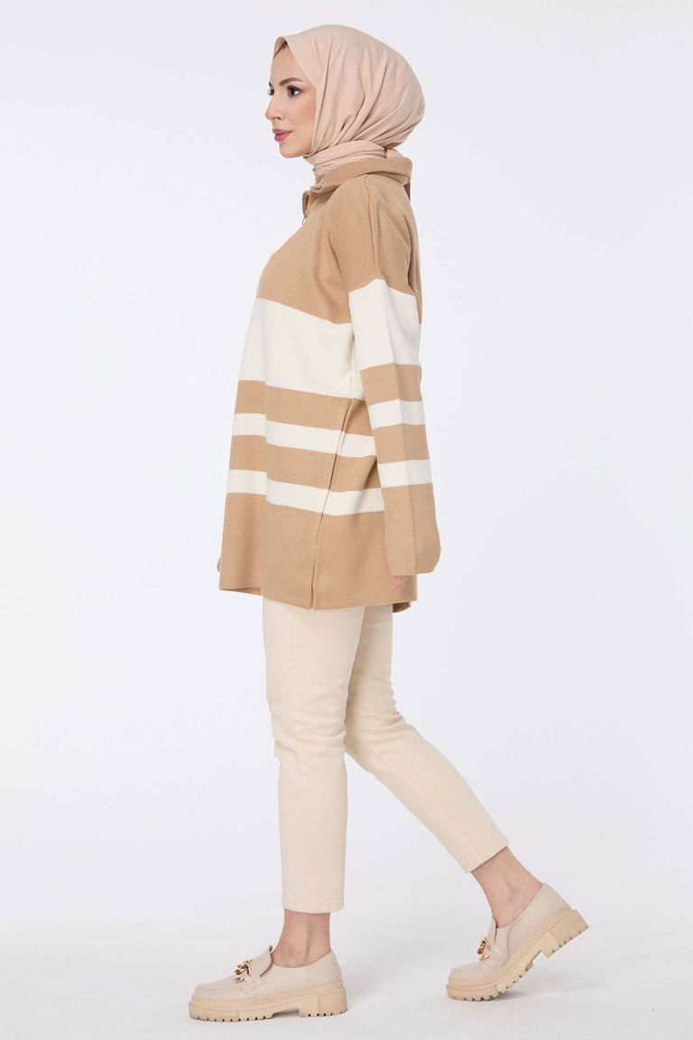 Fermuarlı Çizgili Triko Kazak - 27765-VIZON - TOFİSA