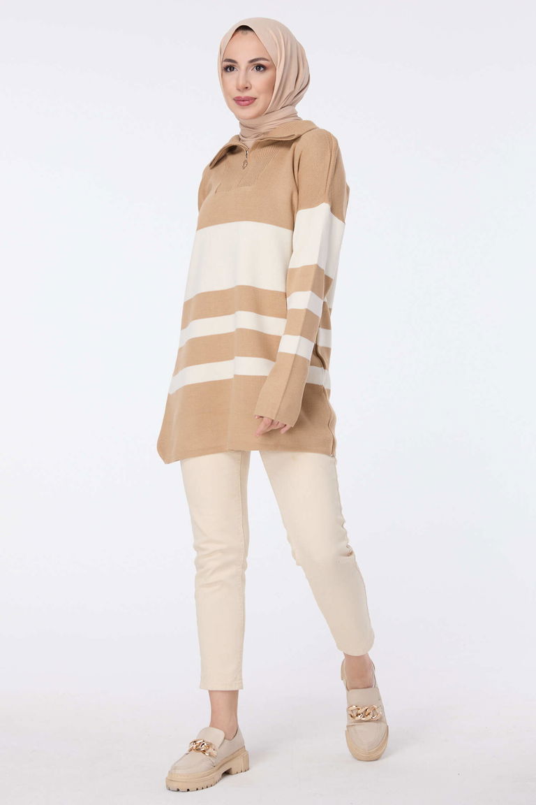 Fermuarlı Çizgili Triko Kazak - 27765-VIZON - TOFİSA