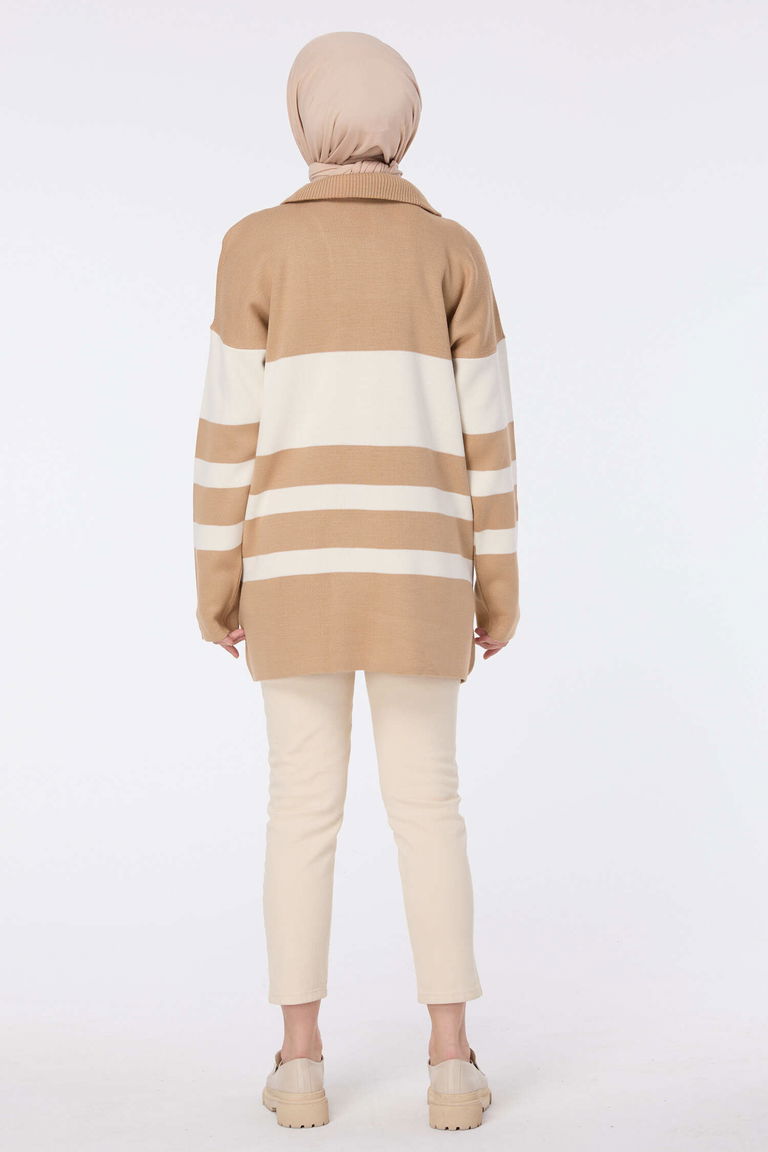 Fermuarlı Çizgili Triko Kazak - 27765-VIZON - TOFİSA