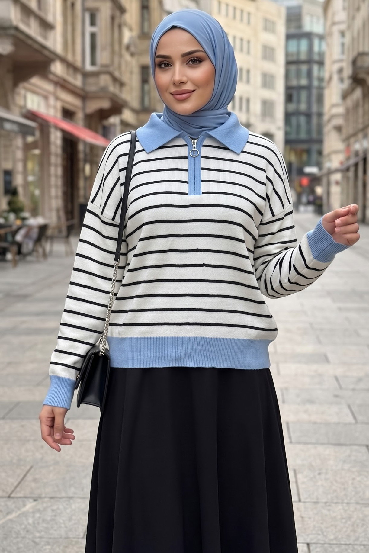 Fermuarlı Çizgili Triko Kazak Bebe Mavi - 29239-BEBE-MAVI - 1