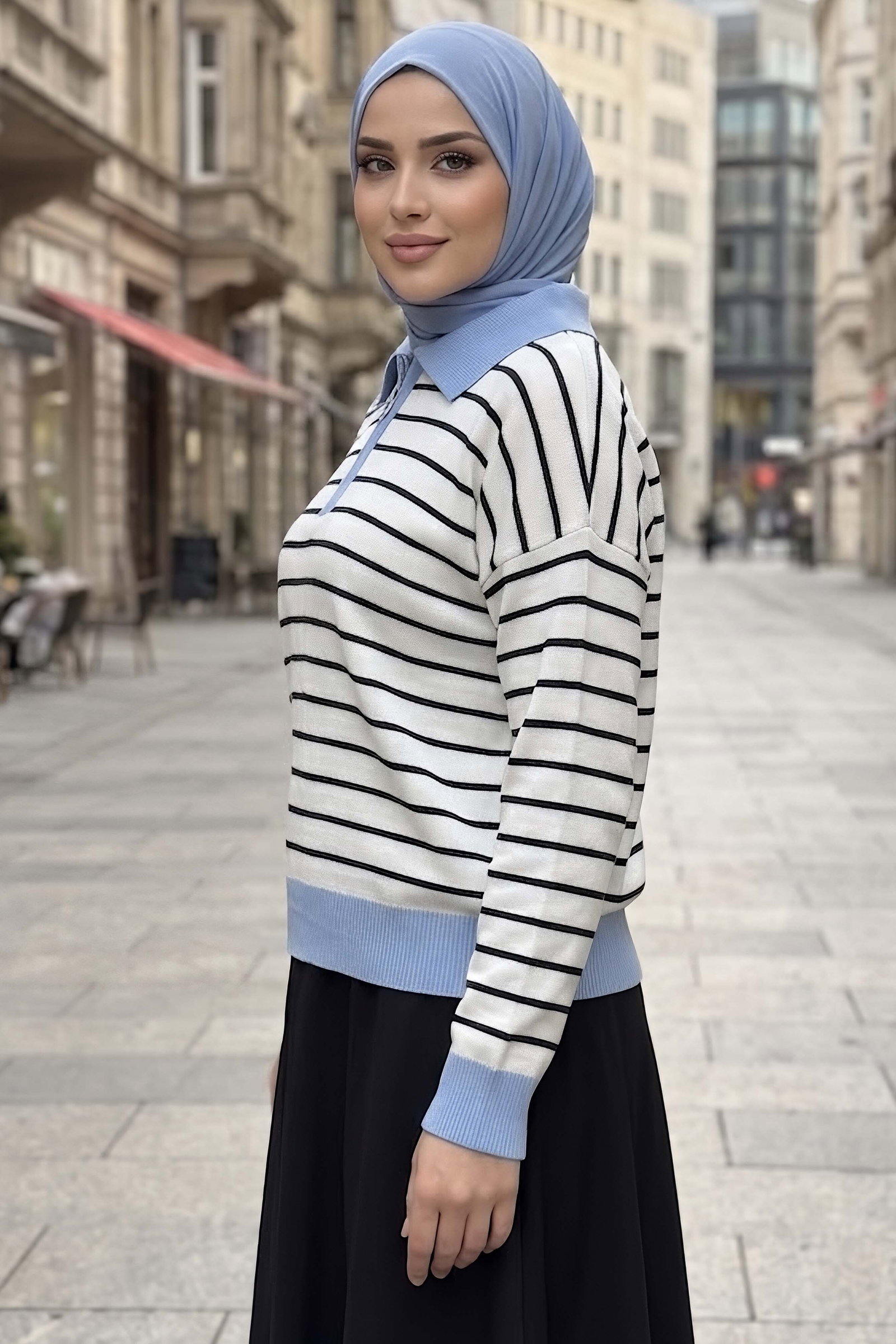 Fermuarlı Çizgili Triko Kazak Bebe Mavi - 29239-BEBE-MAVI - 2