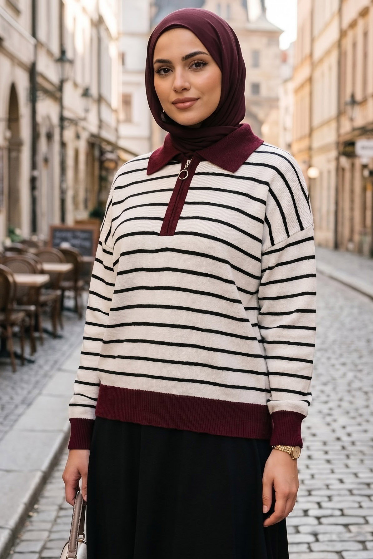 Fermuarlı Çizgili Triko Kazak Bordo - 29239-BORDO - 1