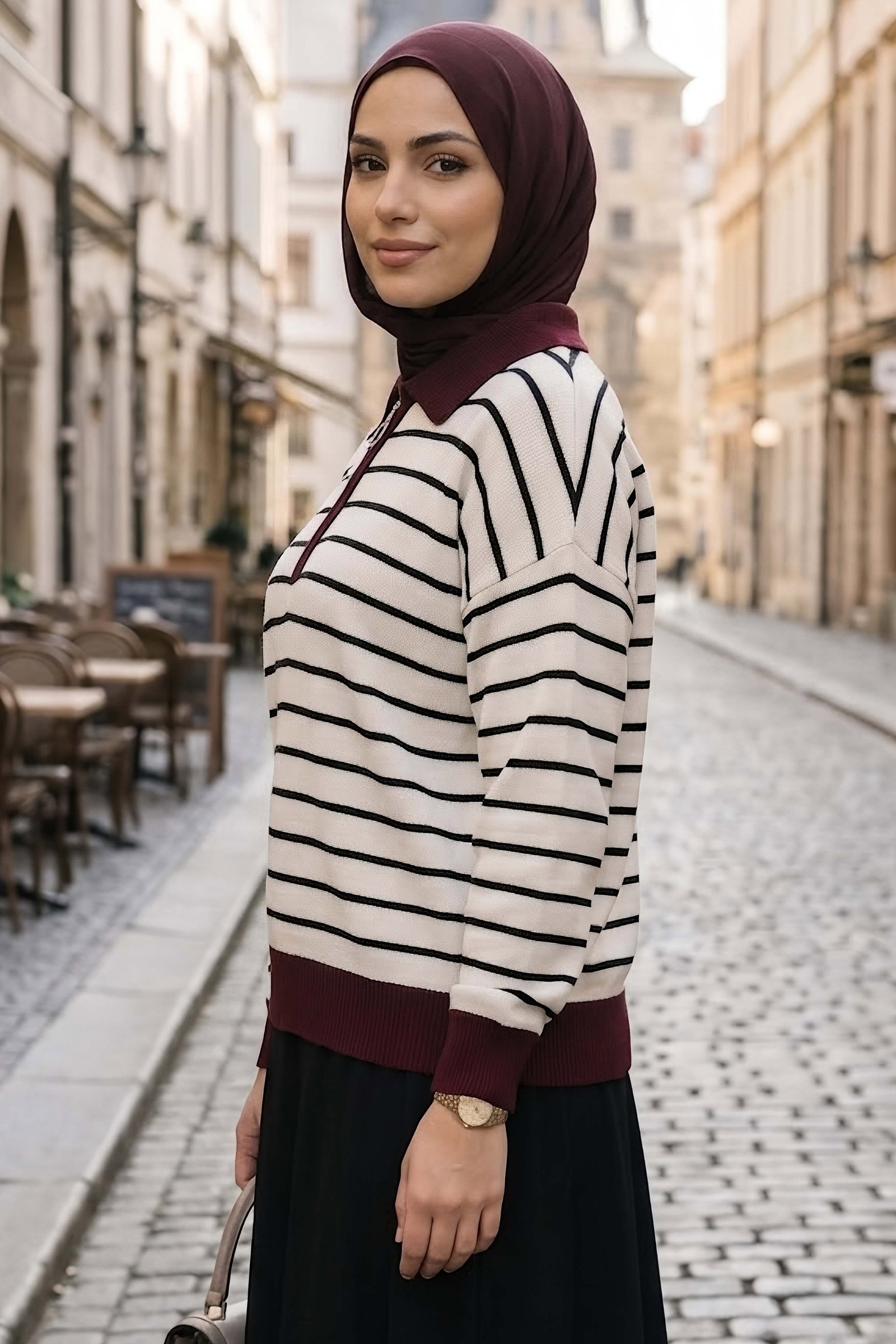Fermuarlı Çizgili Triko Kazak Bordo - 29239-BORDO - 2