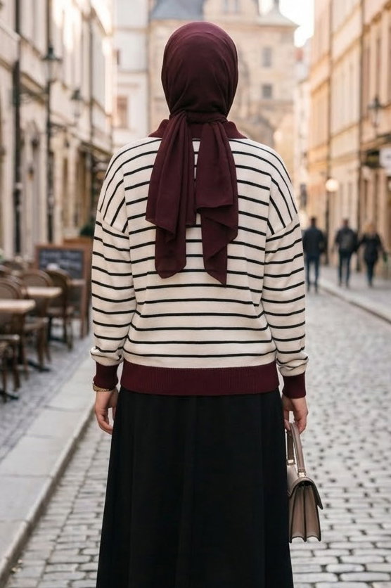 Fermuarlı Çizgili Triko Kazak Bordo - 29239-BORDO - 3