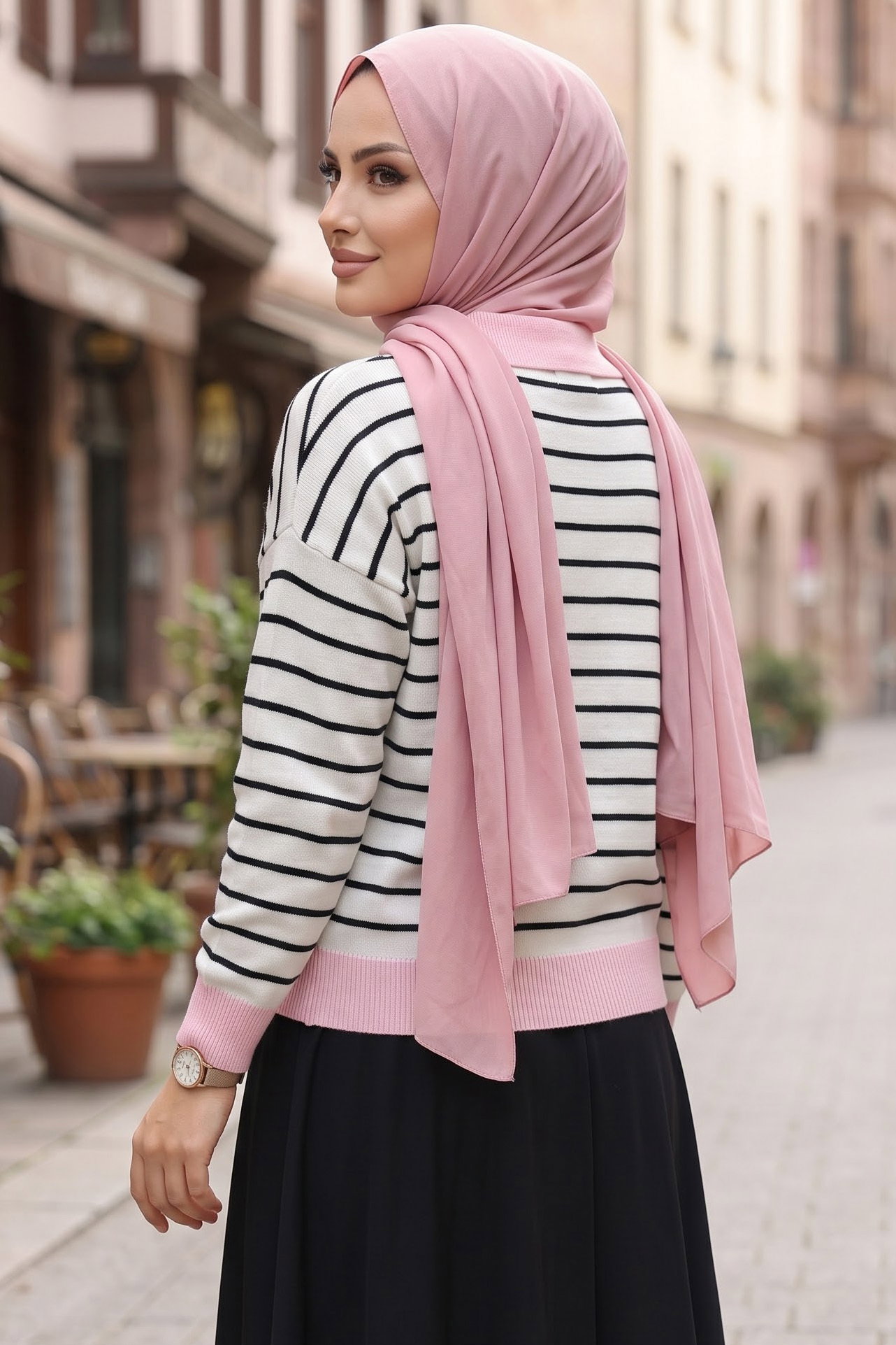 Fermuarlı Çizgili Triko Kazak Pembe - 29239-PEMBE - 3