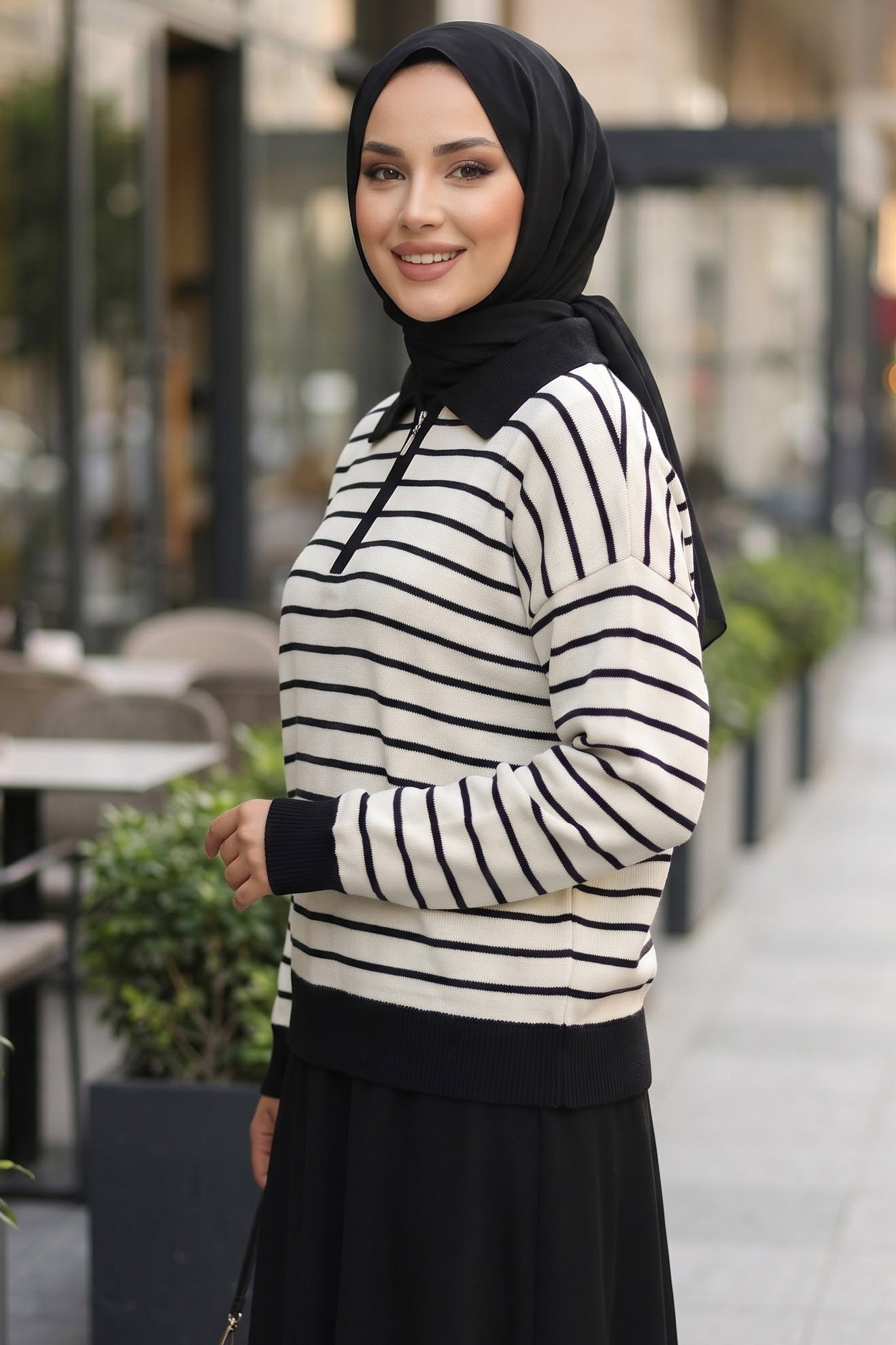 Fermuarlı Çizgili Triko Kazak Siyah - 29239-SIYAH - 2
