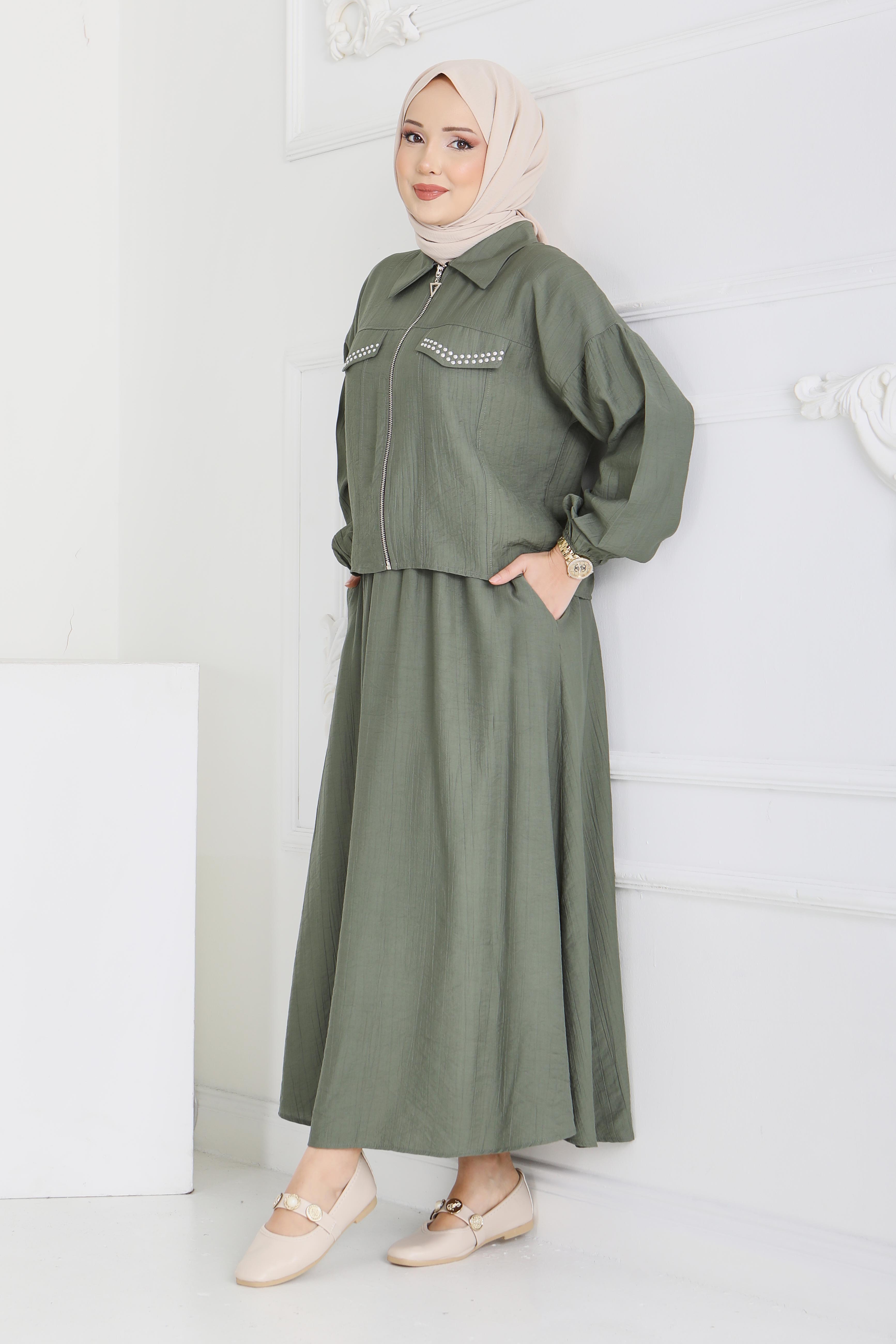 Fermuarlı Droplu İkili Takım - 28220-HAKI - 3